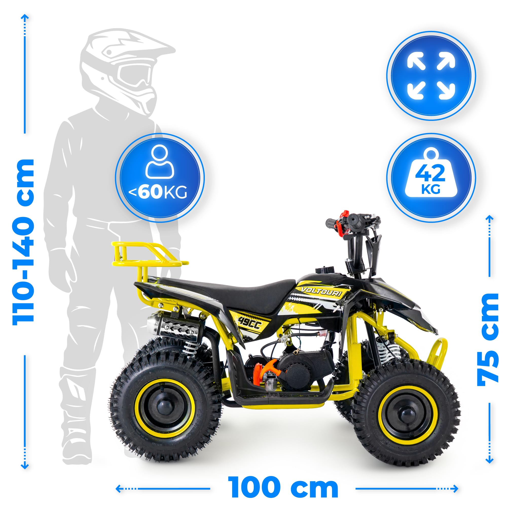 Mini quad 49cc Benzin ATV, 6 Zoll Offroad-Reifen, Scheibenbremsen, LED-Licht und Gepäckträger (GELB, Pull-Start, LED)
