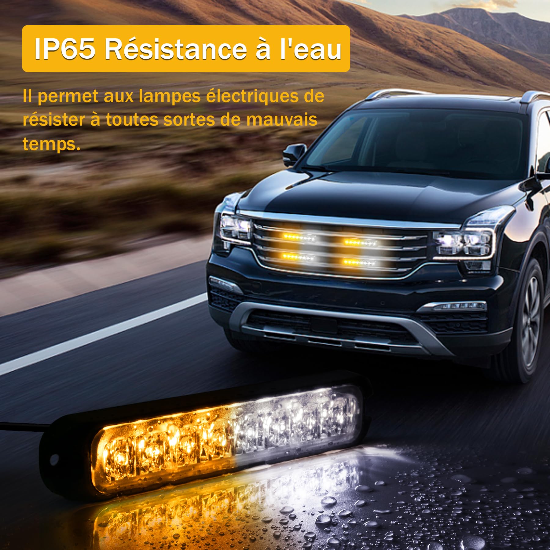 Feux de Pénétration LED Orange Blanc 12/24V, 8×8 LED, 14 Modes | IP65 étanche, adapté aux conditions difficiles, avec feu stroboscopique LED orange pour camions et voitures