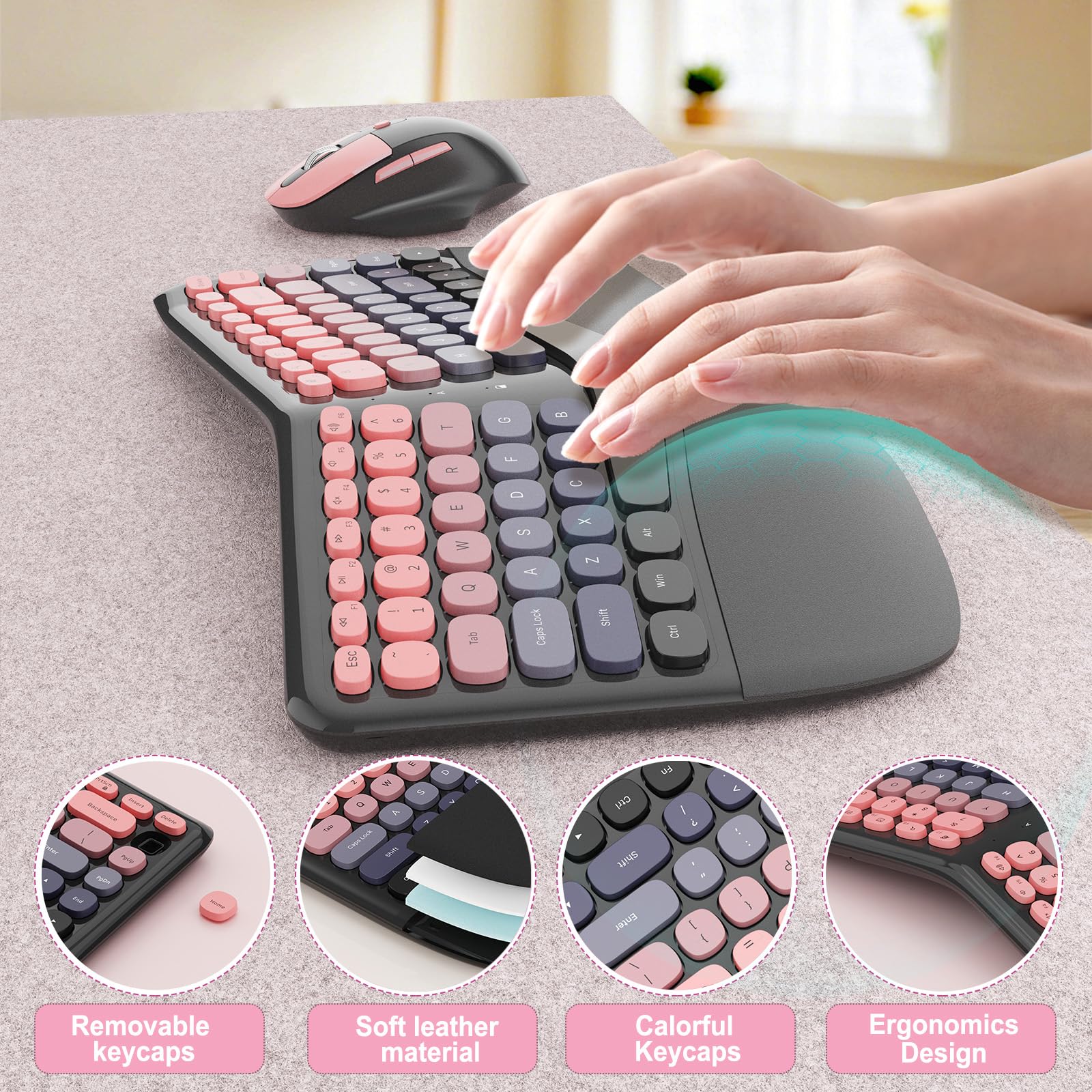 Tastiera e mouse wireless ergonomici, set da gioco meccanico con poggiapolsi, OTG e pennello, ideale per PC Windows, casa, ufficio e università, nero e rosa