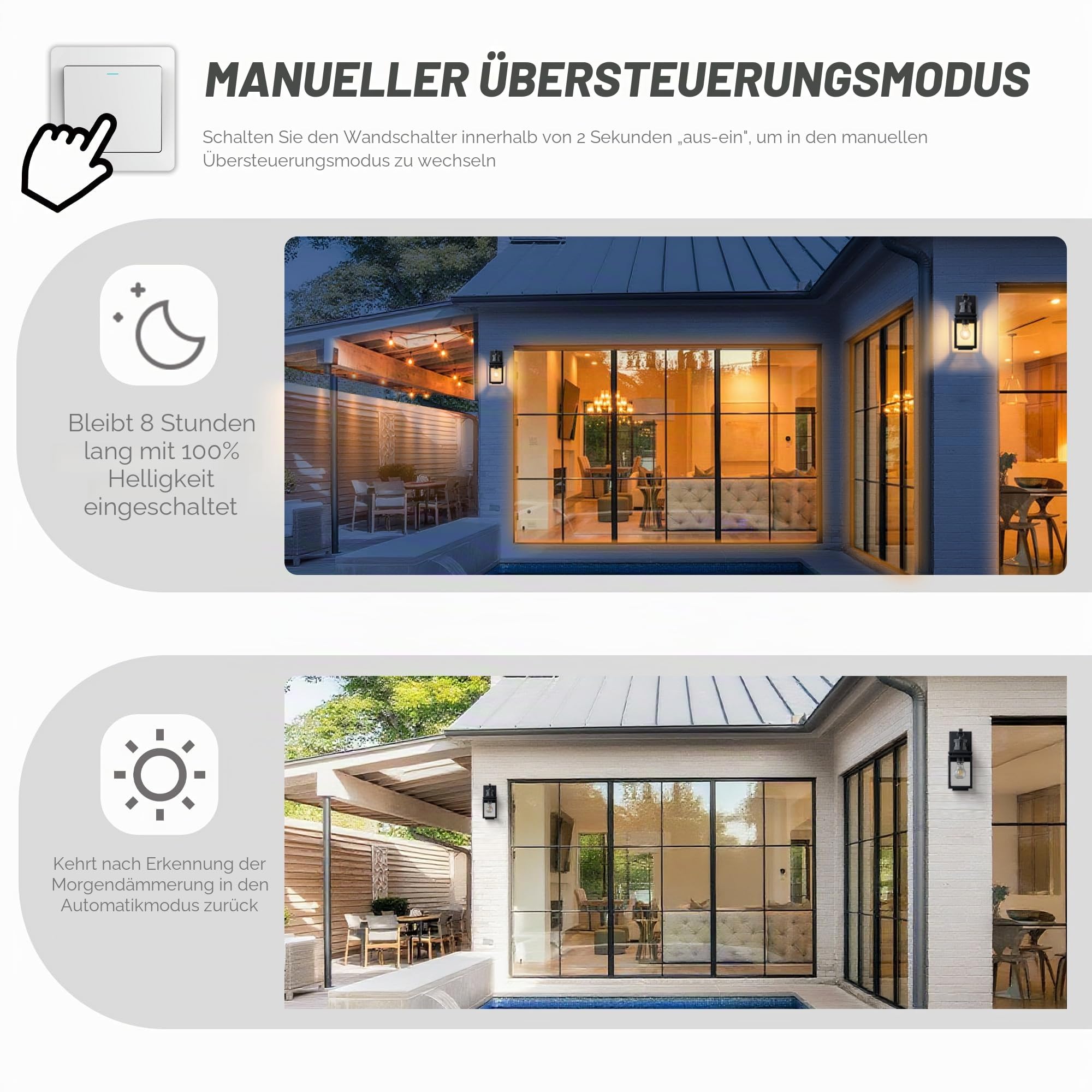 FTL Außenwandleuchte mit Bewegungsmelder, 3 Beleuchtungsmodi Laterne Lampe mit Bewegungsmelder Aussen, Kompatibel mit E27-Sockel, Wasserdichtes Aussenlampe Wand für Terrasse, Haus, Mattschwarz