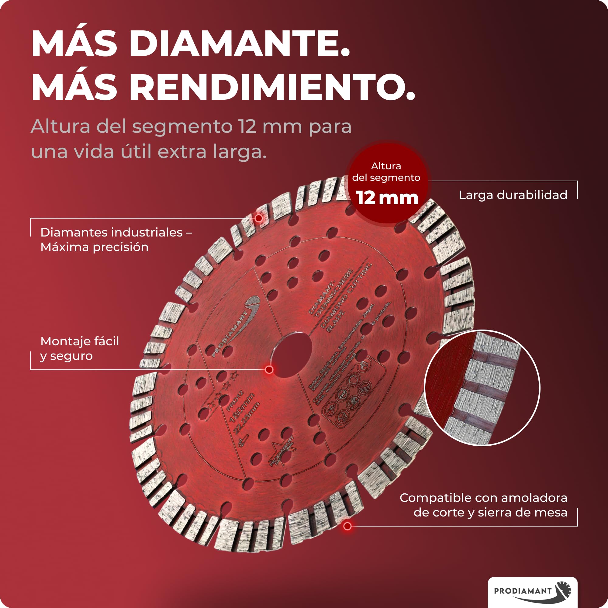 PRODIAMANT PRO12 Disco de corte diamantado Turbo 180 mm x 22,23 mm - altura de segmento 12 mm, para hormigón y materiales de construcción, para amoladora angular