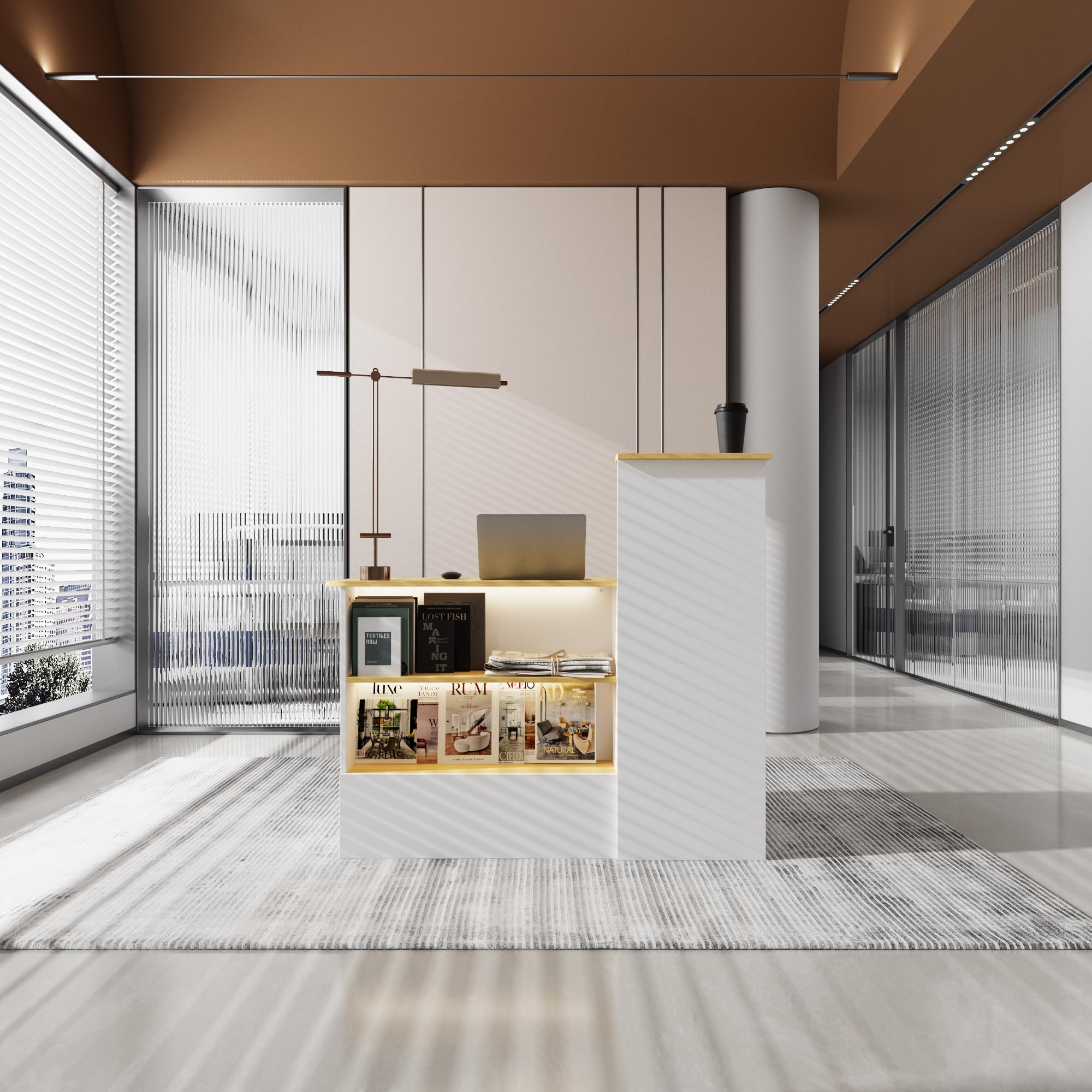 Banco reception, tavolo da reception, bancone con illuminazione a 3 colori, tavolo reception con 1 cassetto e 1 armadio, bancone con area espositiva aperta con 2 scomparti bianco + legno naturale