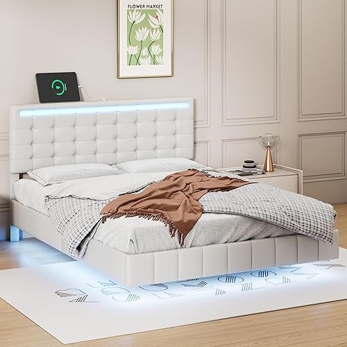 Miniatura 8 de Harper & Bright Designs Base de cama flotante de tamaño matrimonial con luces LED con carga USB, plataforma tapizada de poliuretano con cabecero,
