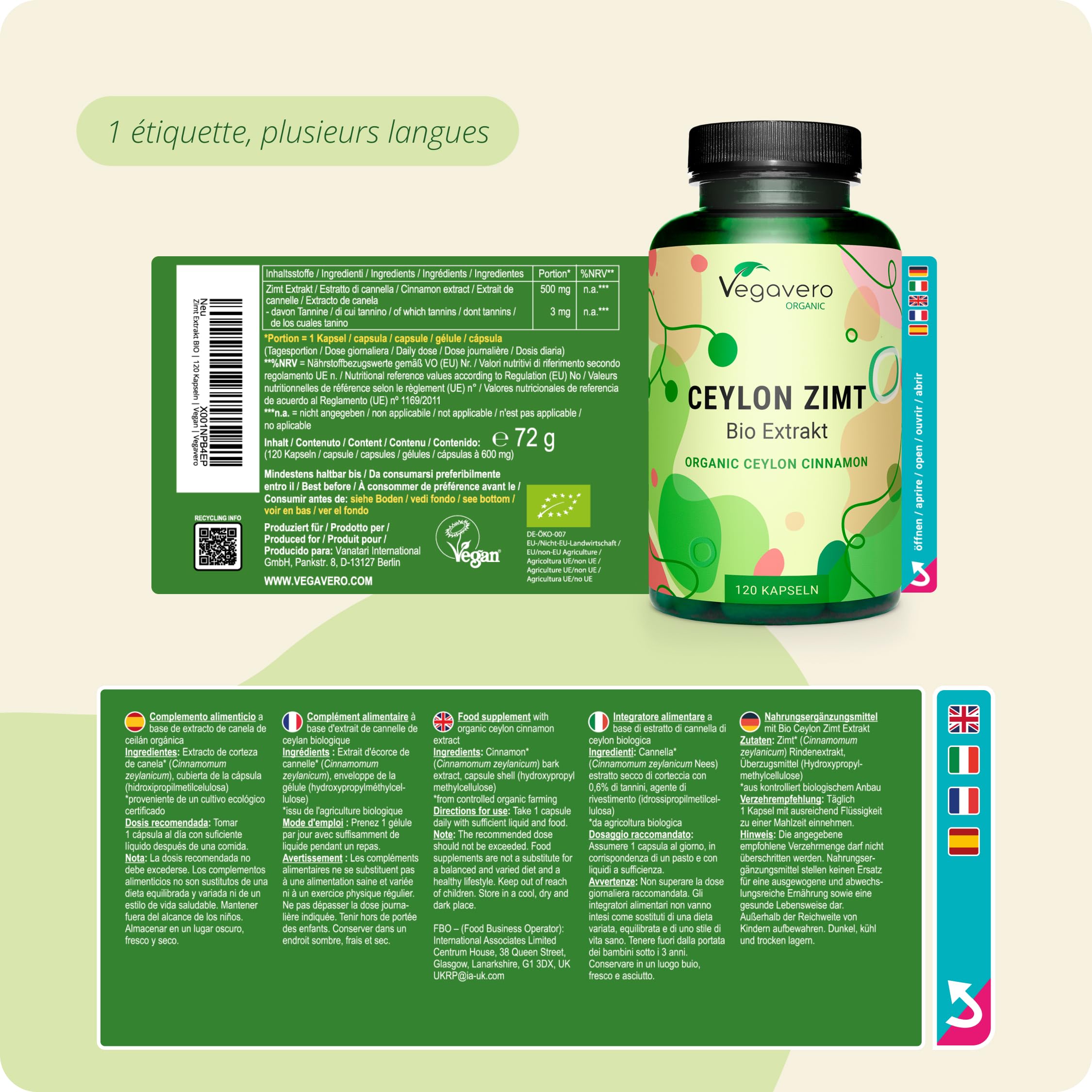 Cannelle de Ceylan BIO | UNIQUE – Extrait Biologique 5:1 (= 2500 mg) | 4 Mois | Extraction en FRANCE | Ceylon Cinnamon | VEGAN & Sans Additifs | 120 Gélules | Vegavero®