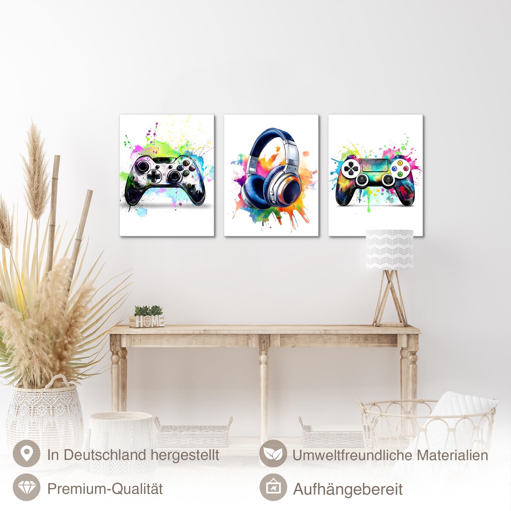 Novart Wandbilder Set Spielkonsole Gamer - KOMPLETT AUFHÄNGFERTIG - Spielzimmer Jungen Teenager Deko - 3 Moderne Bilder Weiß - N038735a