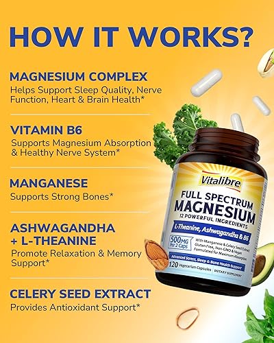 Miniatura 5 de Suplemento complejo de magnesio 500 mg + Ashwagandha, L-teanina, vitamina B6 y apio, glicinato de magnesio de alta absorción, citrato, malato, apoyo