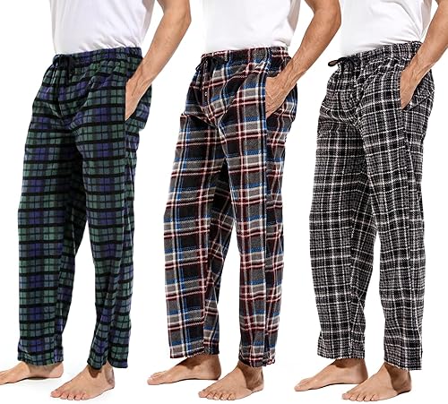 DG Hill - Pantalones de pijama a cuadros para hombre, micro forro polar y bolsillos de forro polar micro, 3 unidades