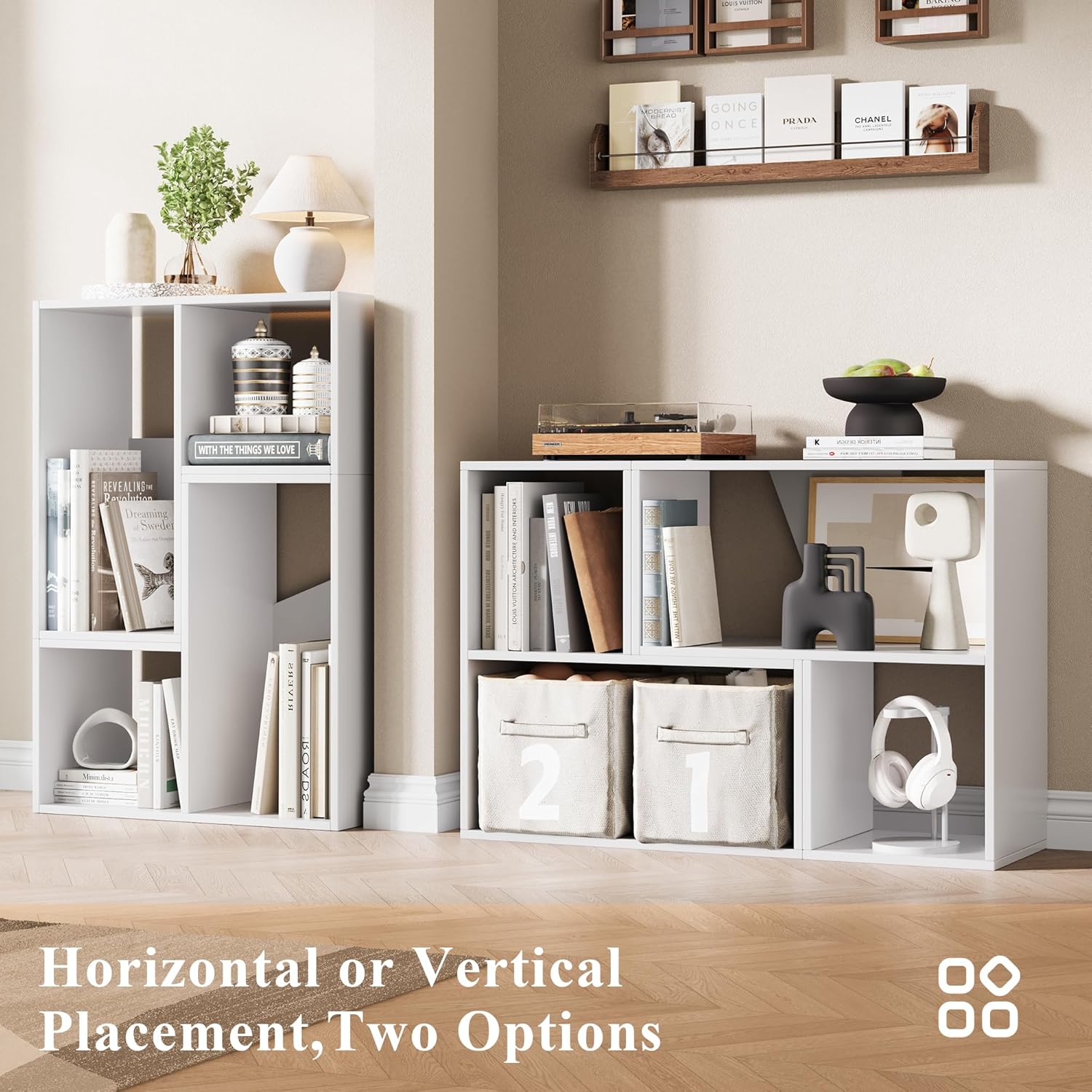 6 Cube Storage Organizer, Wooden Storage Shelves Bookcase with Back Panels, Stackable Display Bookshelf Includes 2 Wicker Baskets for Living Room, Bedroom, Study, Hallway, White