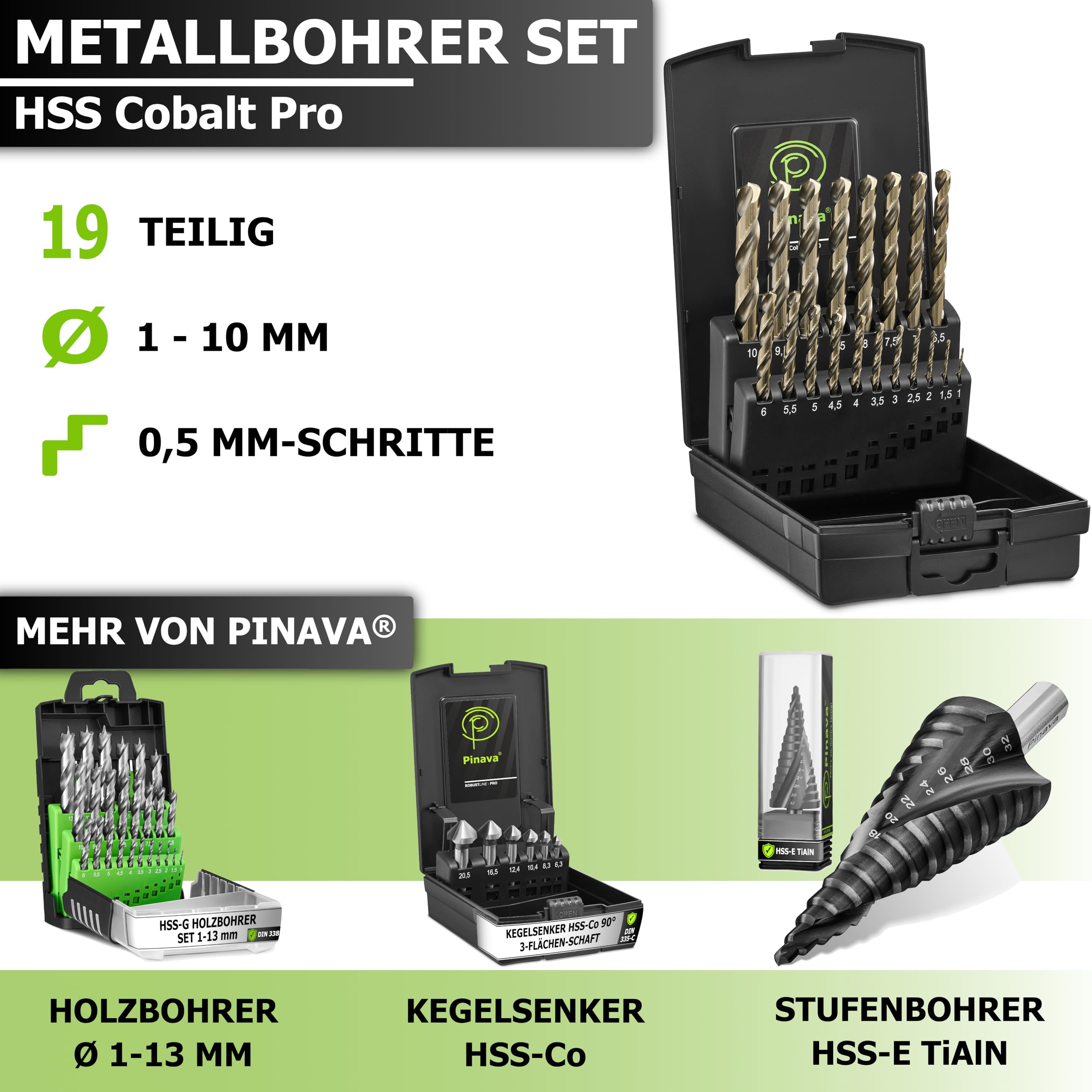 Pinava® Metallbohrer Set HSS Cobalt Pro [Extra Scharf & Robust] 19tlg. Profi Bohrer für Edelstahl, Stahl, Eisen etc. - Präzise Edelstahlbohrer selbstzentrierend, 1-10mm, 0.5mm Schritte