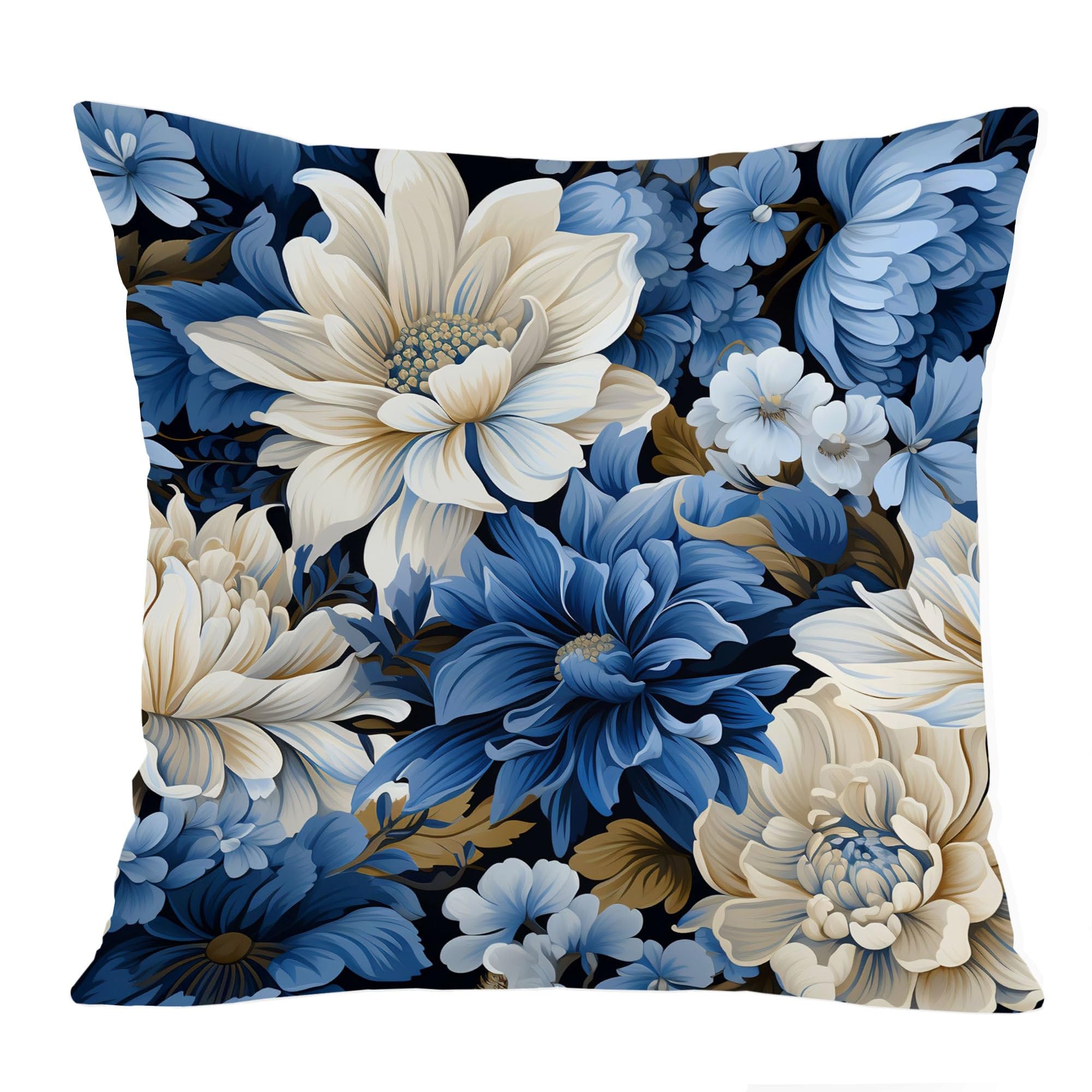 Ethan Taylor Floral Throw Pillow Soft Cushion Cover 'Blue Peonies Flowers IV' Classic Pattern Decorative Square Accent Pillow Case, 16x16 Inches, Blue
