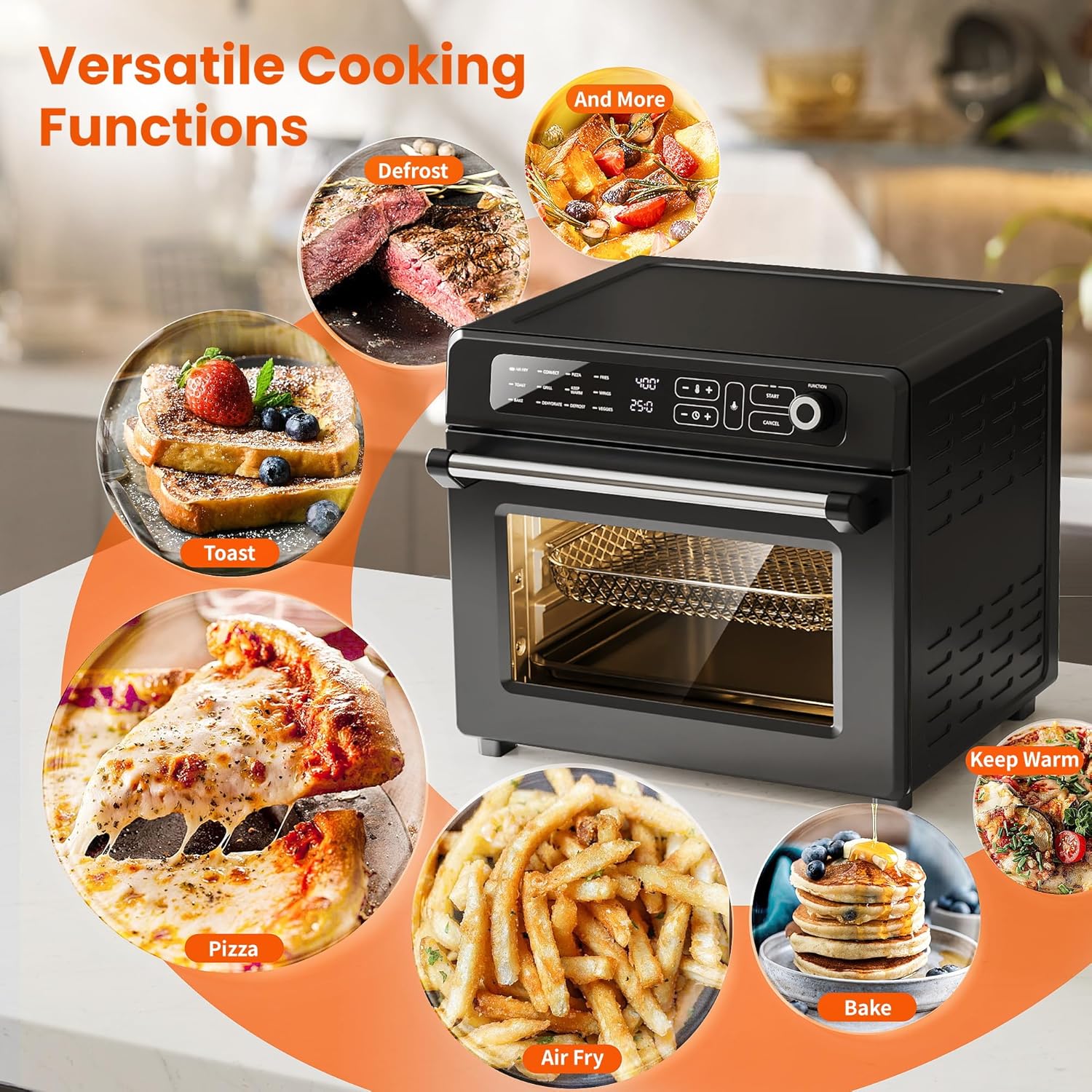 25QT Air Fryer Toaster Oven Combo,12-in-1 Large Convection Airfryer Oven with 70–450℉ Temperature Control & 60-Minute Timer,Roast & Broil, Fits 8-10″ Pizza,Stainless Steel (Black)