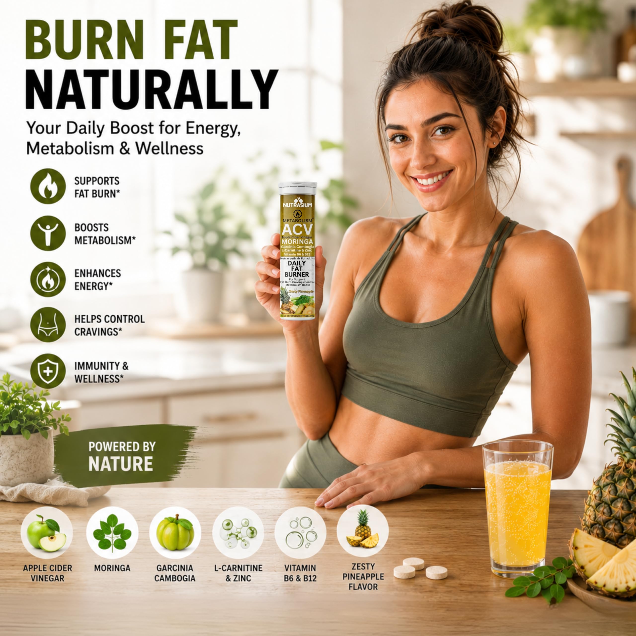 Nutrasium ACV Moringa Metabolism Plus | Apple Cider Vinegar Effervescent Tablet | Added L-Carnitine & Garcinia Combogia Extract | For Supports Weight Loss, Control Cravings, Convert Fat Into Energy, Boost Energy & Immunity | 60 Tablets Pineapple 2