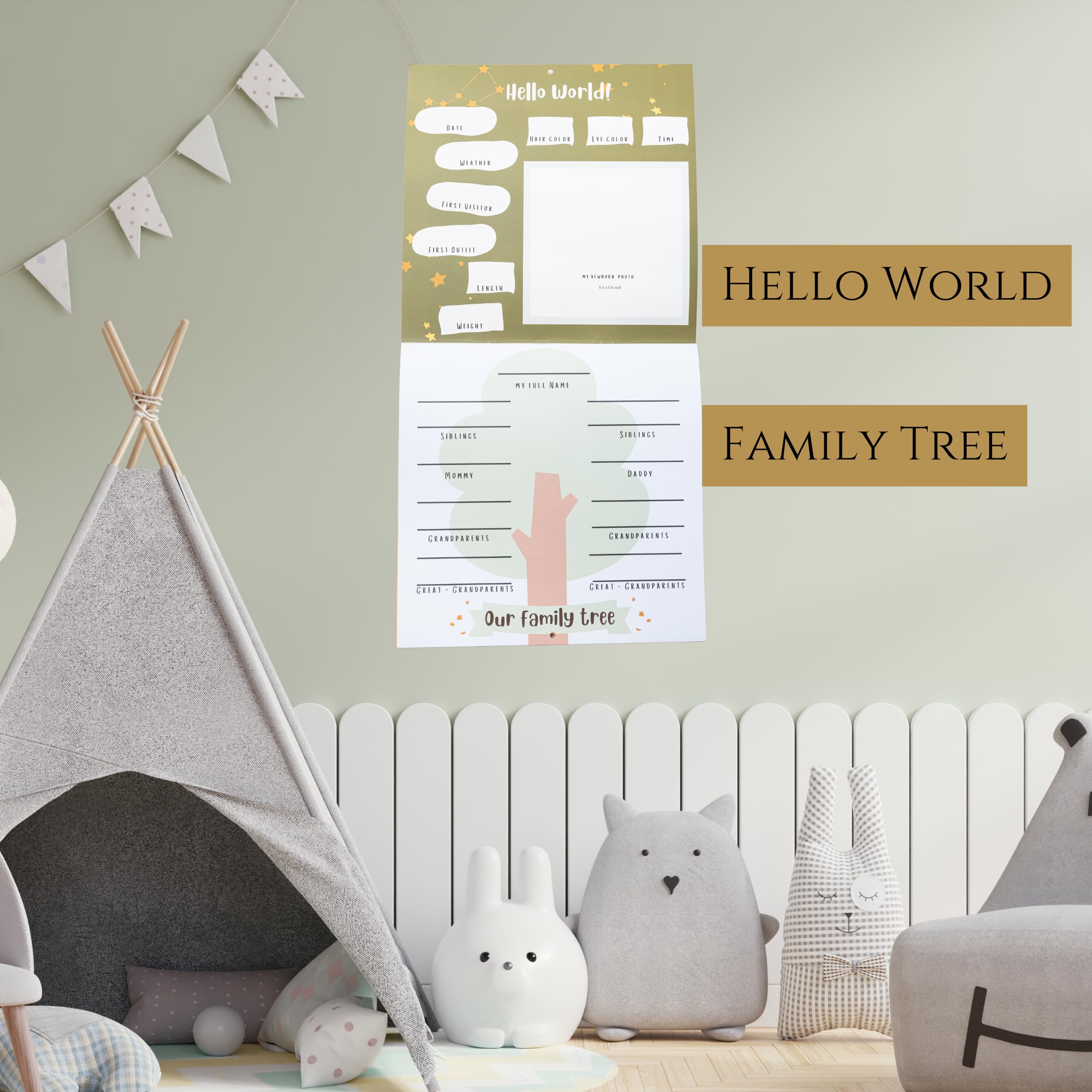Neutralny pod względem płci, kalendarz na pierwszy rok, drzewo genealogiczne z naklejkami od Joss & Lac Design – nagraj każdą wyjątkową chwilę dla chłopców i dziewczynek (mały miś)