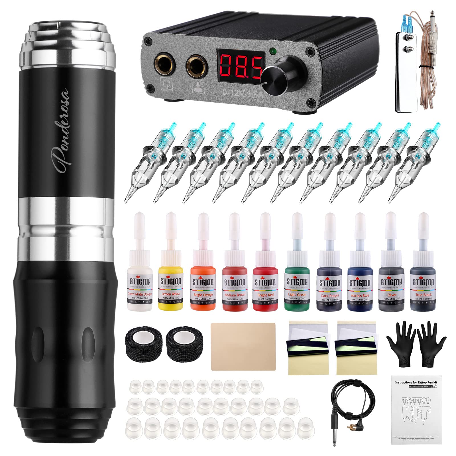 Kit Complet Machine à Tatouer Débutant Stigma - Batterie Pro + 20 Aiguilles + Encres - Kit Initiation Tattoo
