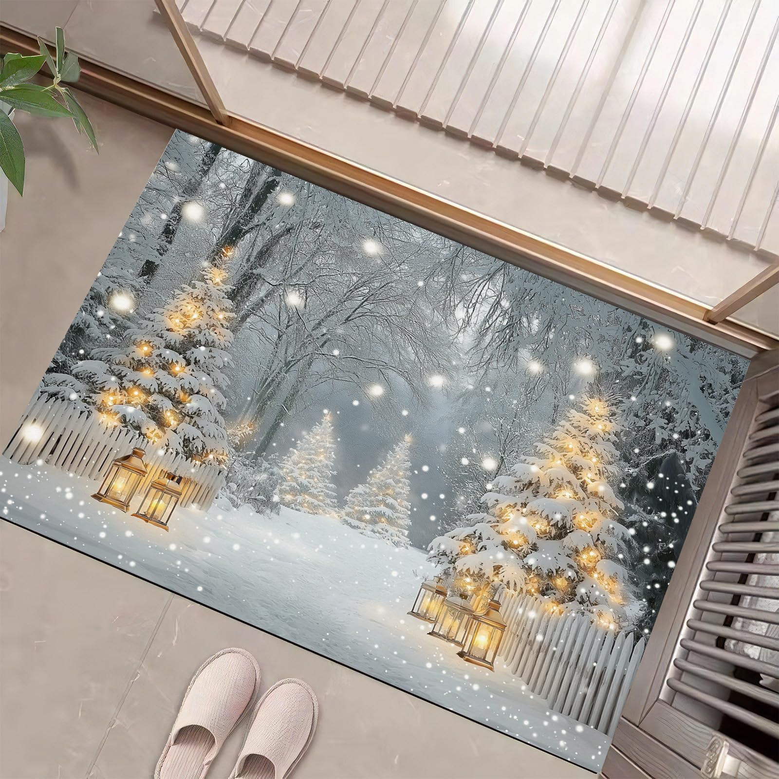 Fußmatte 80X120Cm - rutschfeste Eingangsmatte, Strapazierfähige Fußmatte, Schmutzfangmatte Mit Gummibeschichtung Für Den Außenbereich, Winterwald-Schneeszene Waschbare Fußmatte