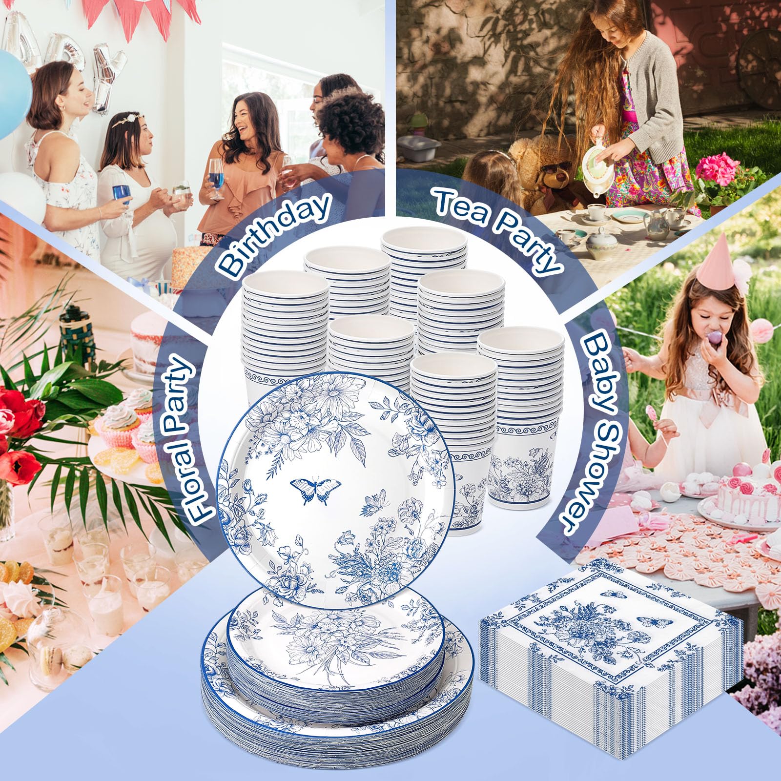 Pickmesh Juego de 250 piezas de vajilla desechable para fiesta floral azul, platos de papel y servilletas, vasos, suministros de fiesta de té, vajilla temática para cumpleaños, novia, baby shower