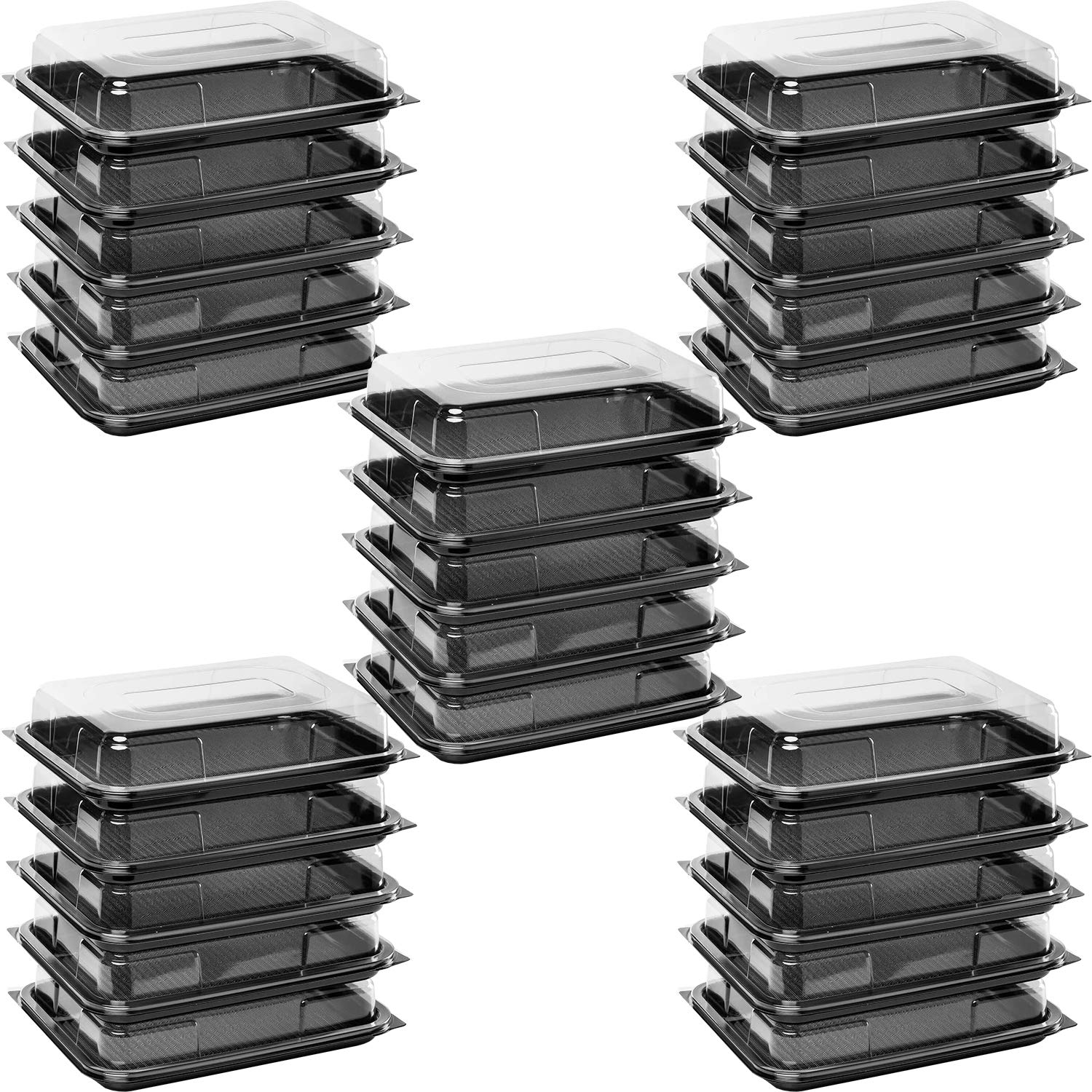Deli Supplies Pack of 25 Small Rectangle Food, Cake, Sandwich Platter Tray Set, Black Tray Base with Clear Lid Durable Buffet Catering Food Sandwich Trays (L340mm x W250mm X D70mm with Lids)