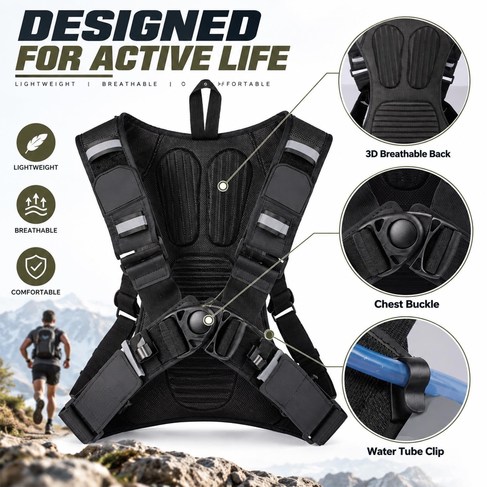 Mochila Hidratación 2L Multi Bolsillos Ciclismo Senderismo