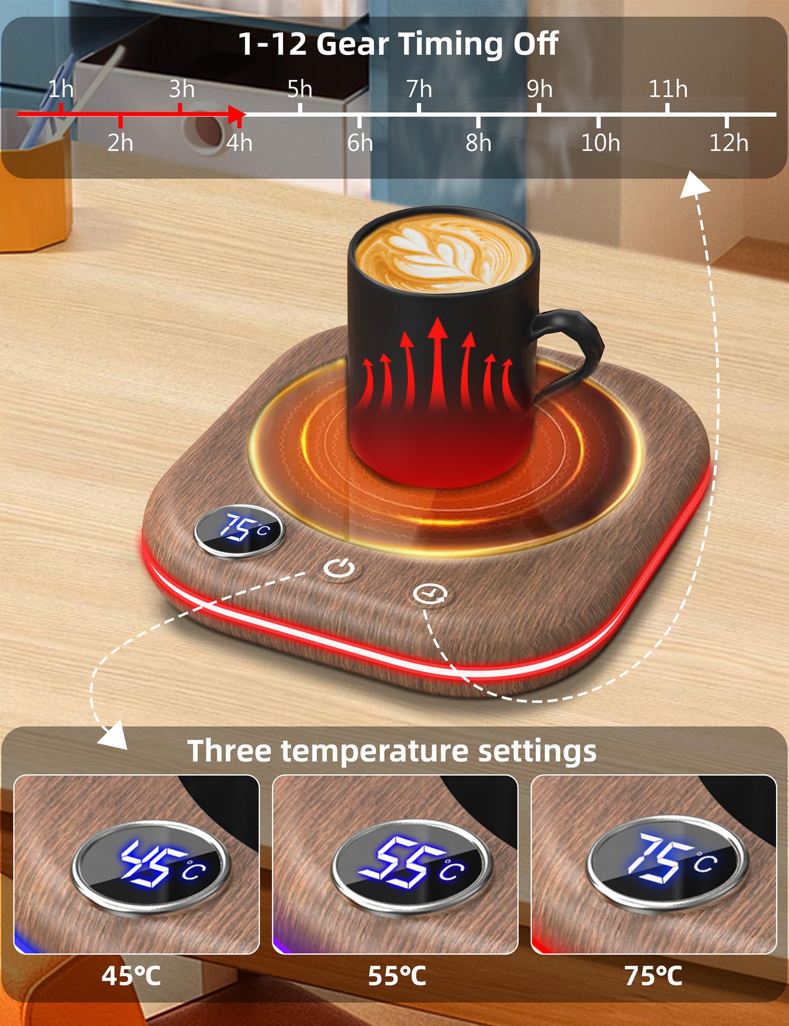Calentador de Tazas，Calentador de Café de Sobremesa con 3 Modos de Temperatura, Pantalla Digital LCD，1-12H Apagado Automático, Calentador de Velas Inteligente Café Accesorios