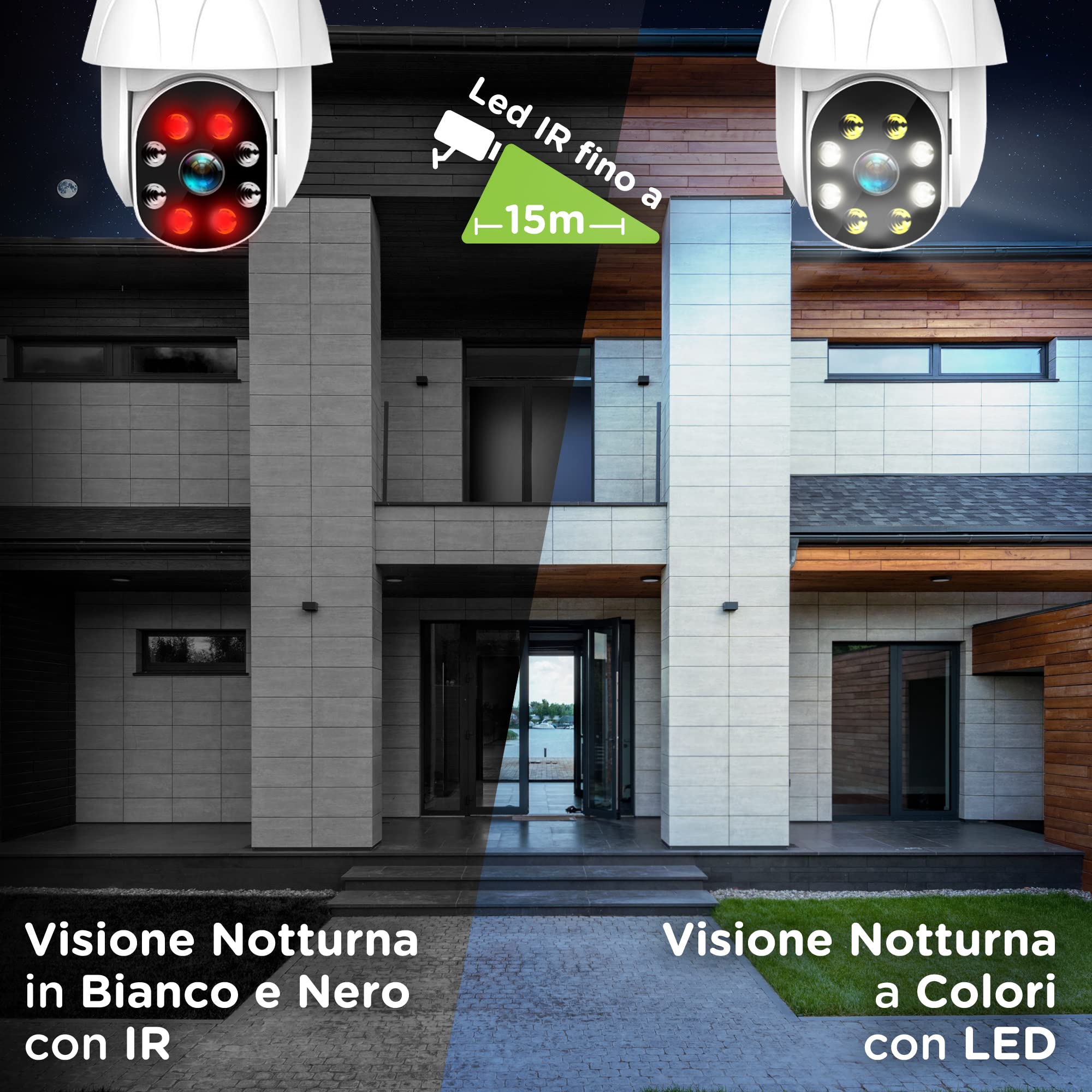 ATLANTIS Telecamera Ip di sorveglianza WiFi da esterno, motorizzata pan e tilt, A14-SC930-PT, 2M pixel 1920x1080p, IP64, visione notturna a colori o B/N 15m, slot SD, Onvif, Wireless, APP Tuya