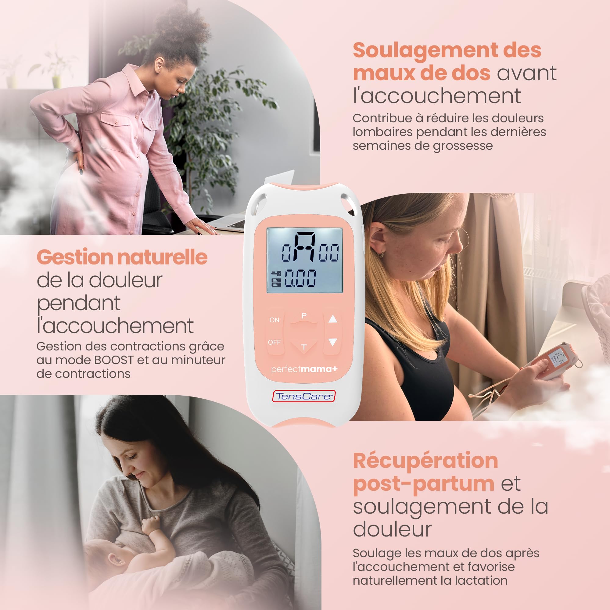 TensCare Perfect Mama+ | Soulagement Naturel Sans Médicaments pour l’Accouchement | TENS avec Minuteur de Contractions et Électrodes d’Allaitement
