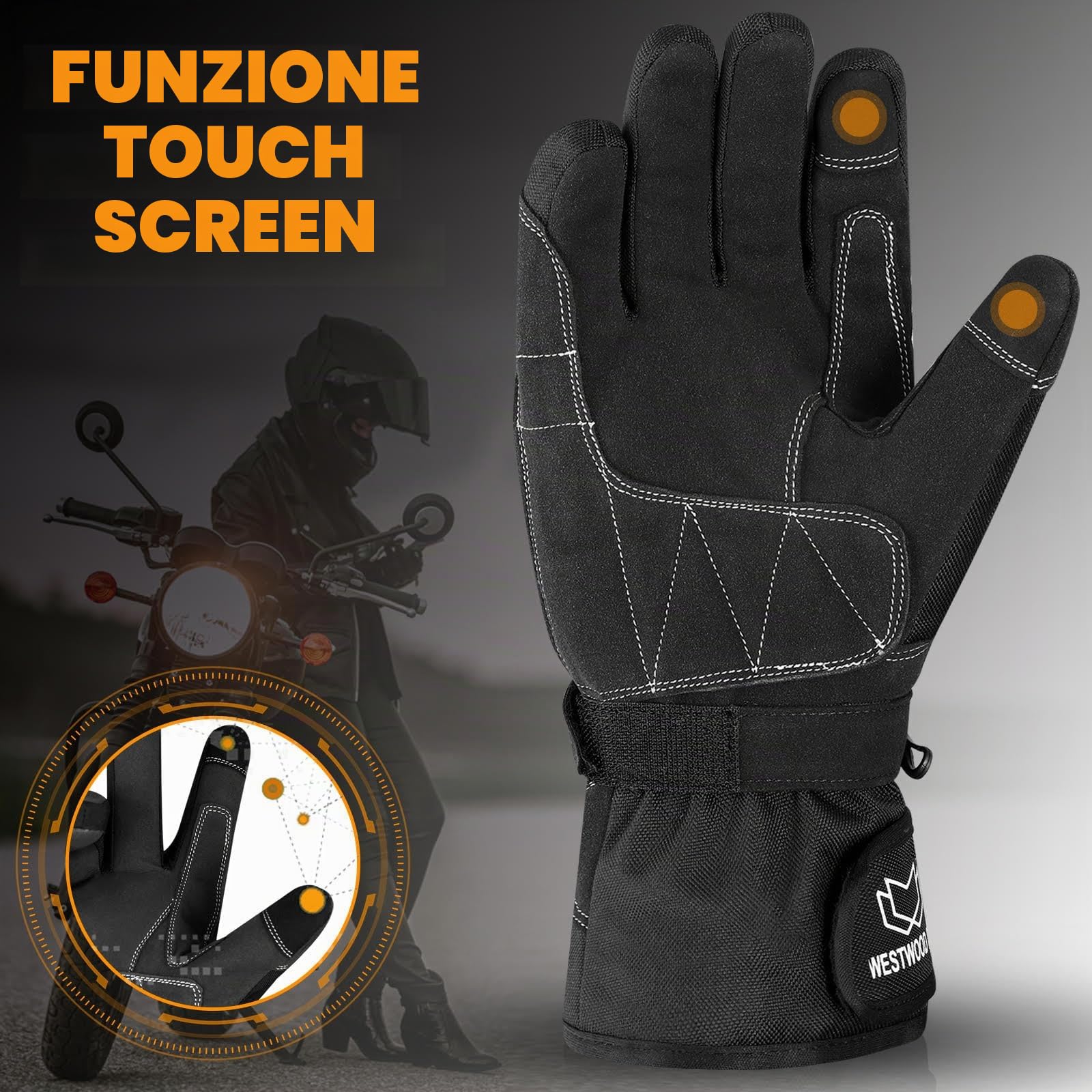 WESTWOOD FOX GEAR Guanti Moto, Guanti Impermeabili Invernali Termici Uomo Equitazione Antivento Scooter Motor Sport Touchscreen Estate Calda