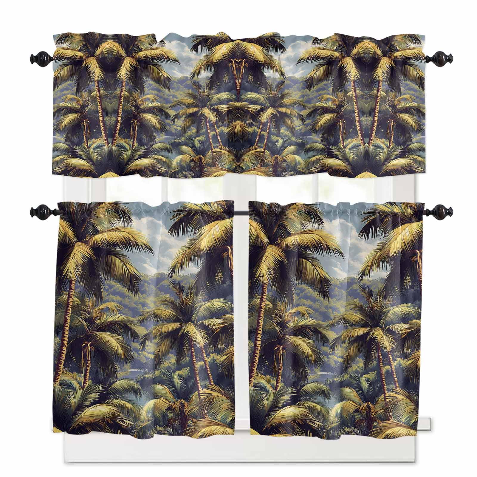 Palm Tree Kitchen Curtains 36 Inch Length, 3 Piece Rod Pocket Small Half Tiers and Valance Set, Farmhouse Watercolor Tropical Plant Leaves Small Large Window Treatment Decor for Bedroom/Bathroom Sink