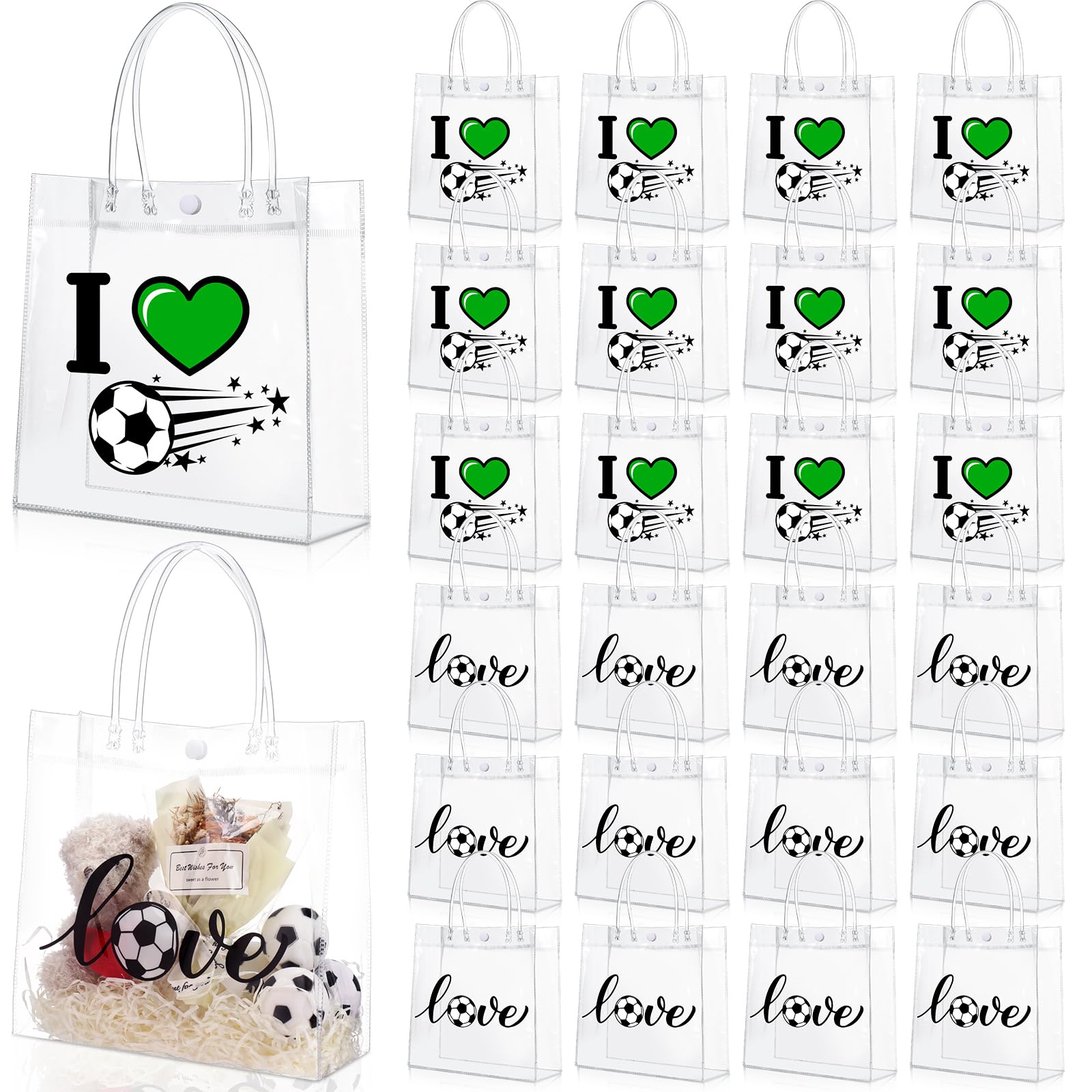 Sweetude 24 Pcs Soccer Clear Goodie Bag with Handles PVC Sport Theme Party Favor Bag Bulk for Team Gifts Birthday Party Decorations Supplies, 8 X8