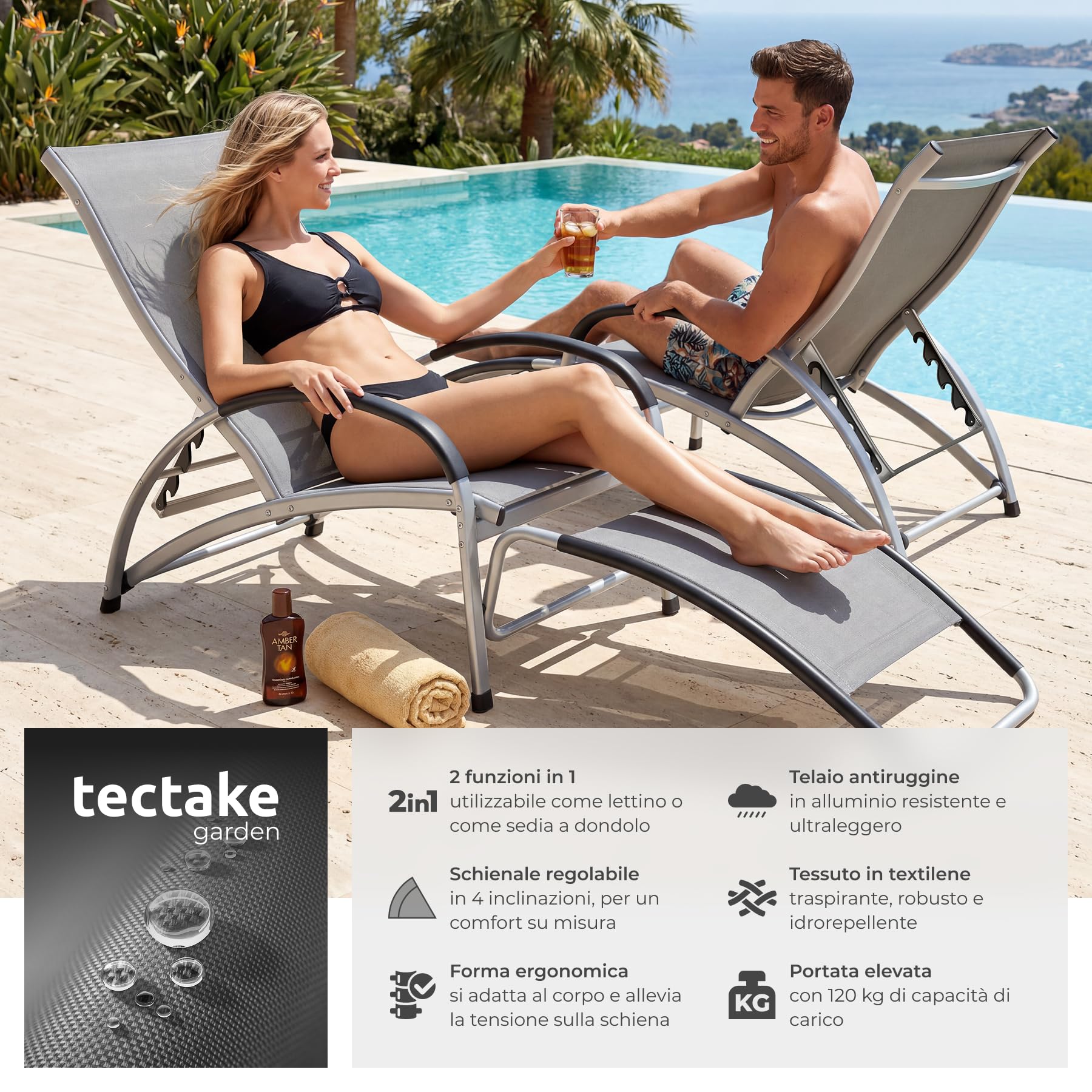 tectake® Set da 2 lettino prendisole 2in1, funzione sedia dondolo, schienale regolabile, struttura alluminio, superficie traspirante, sdraio da giardino, sedia a sdraio pieghevole - Antracite
