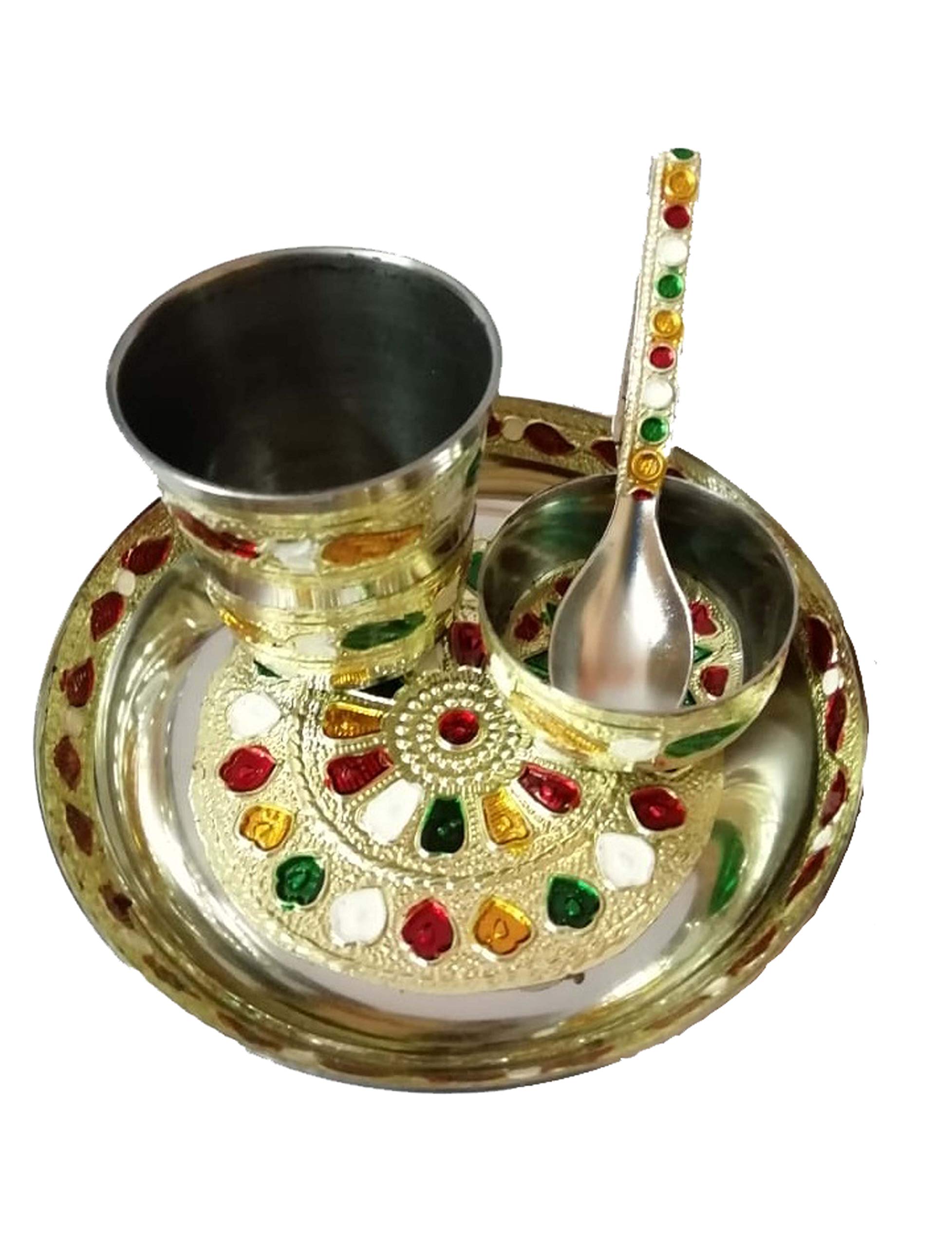 Nimkar's Special Meenakari Work Silver Plated Pooja Bhog Thali for Laddu Gopal/God- 4 Pcs Set