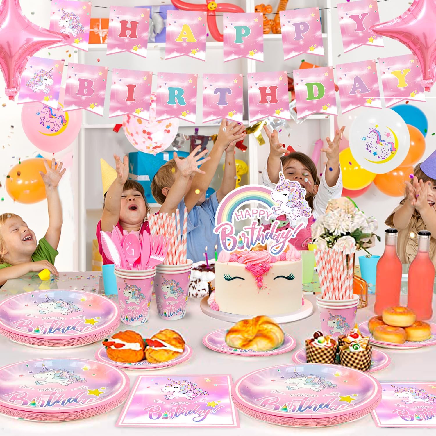 16 Guests Unicorn Party Decorations Birthdays Tableware Set, Unicorns Paper Plates Napkins Table Cloth Balloon Banner Headband etc Unicorn Birthday Party Decorations Supplies - Image 3