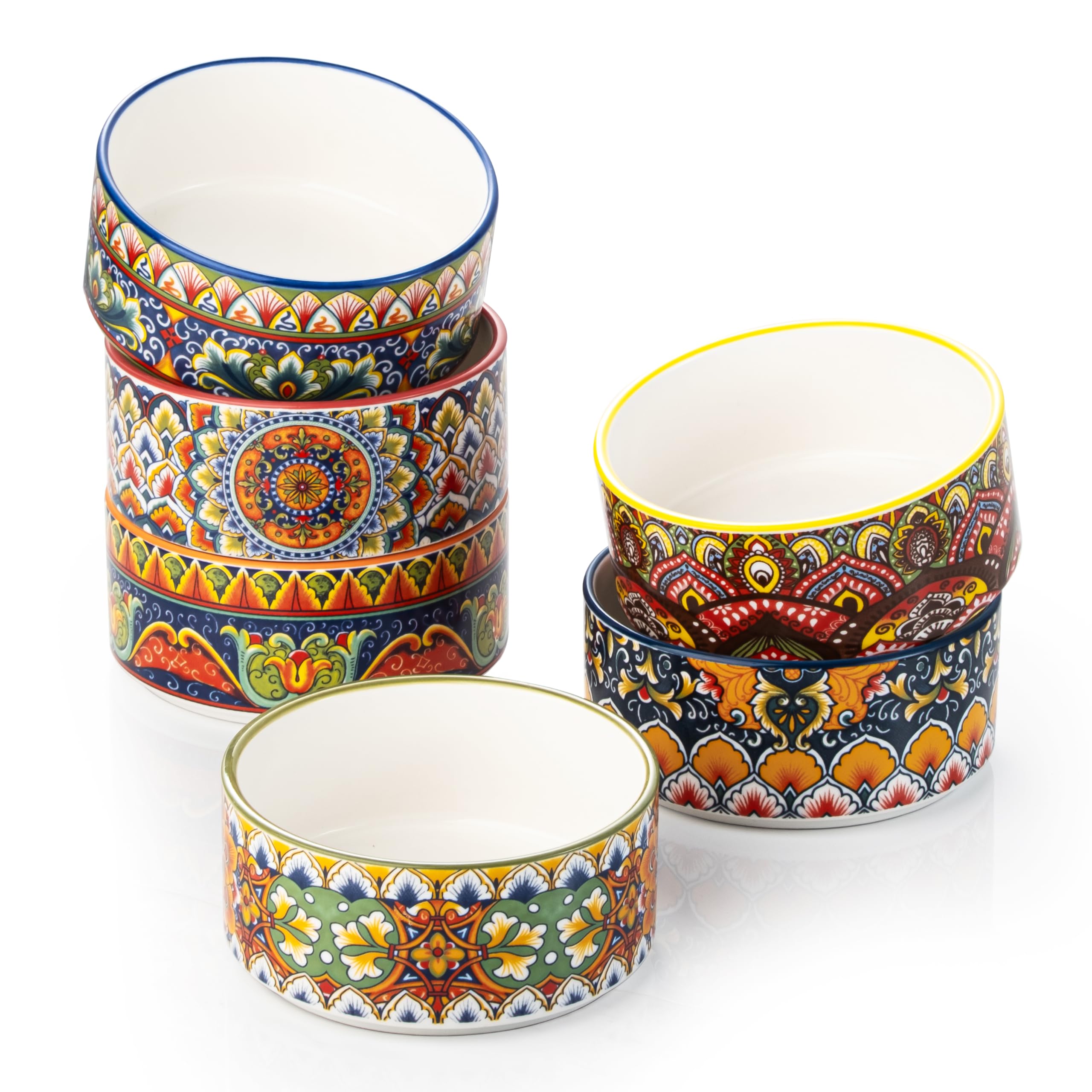 Creme Brulee Ramekins Set 4 oz x 6, Porcelain Souffle Moulds/Ramekins for Lava Cake, Pudding, Pot Cake, Vibrant Bohemian Mini Casserole Dish