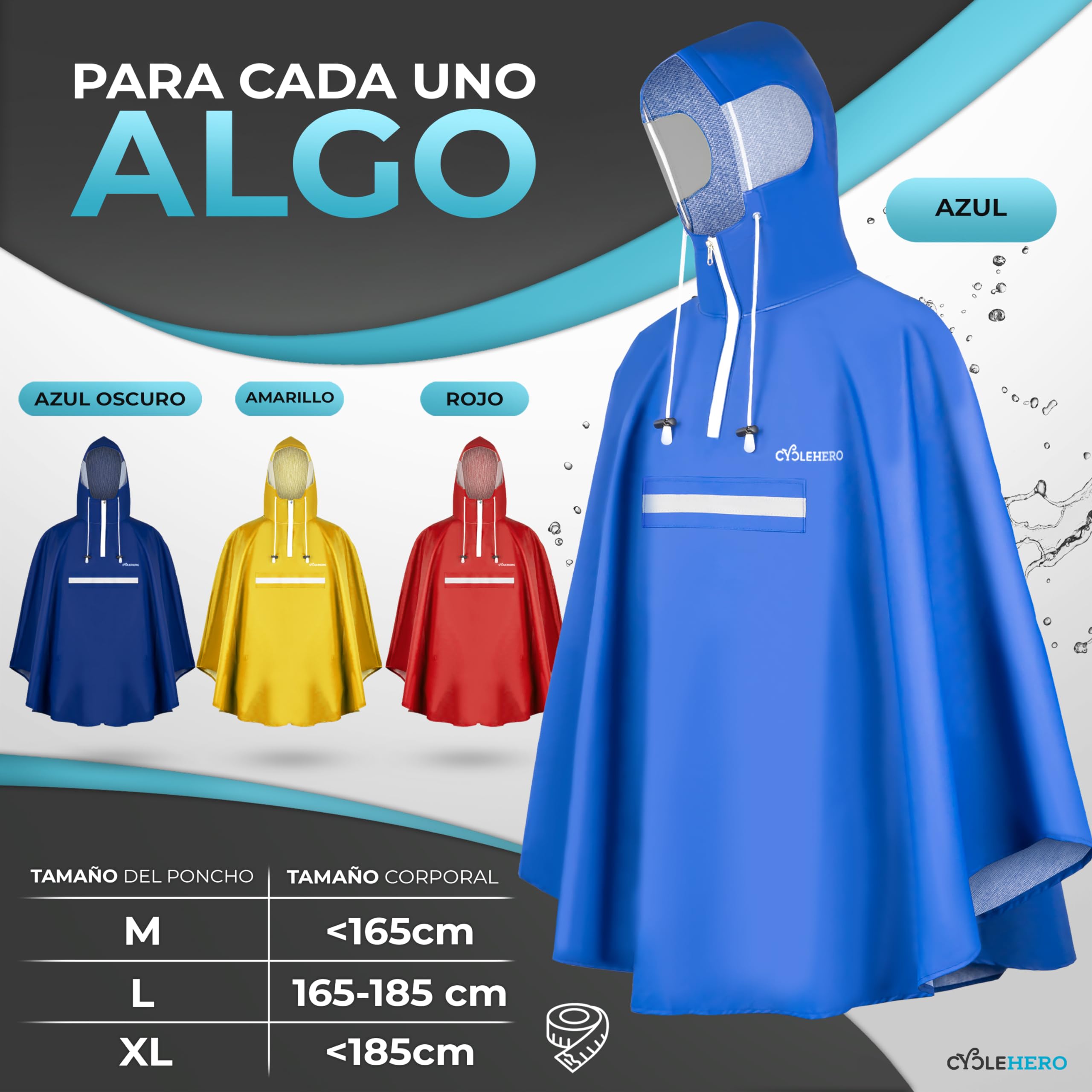 Poncho para lluvia para bicicleta prémium con capucha, incluye apertura para ver, para hombre y mujer, incluye rayas reflectantes, impermeable, color azul, tamaño large