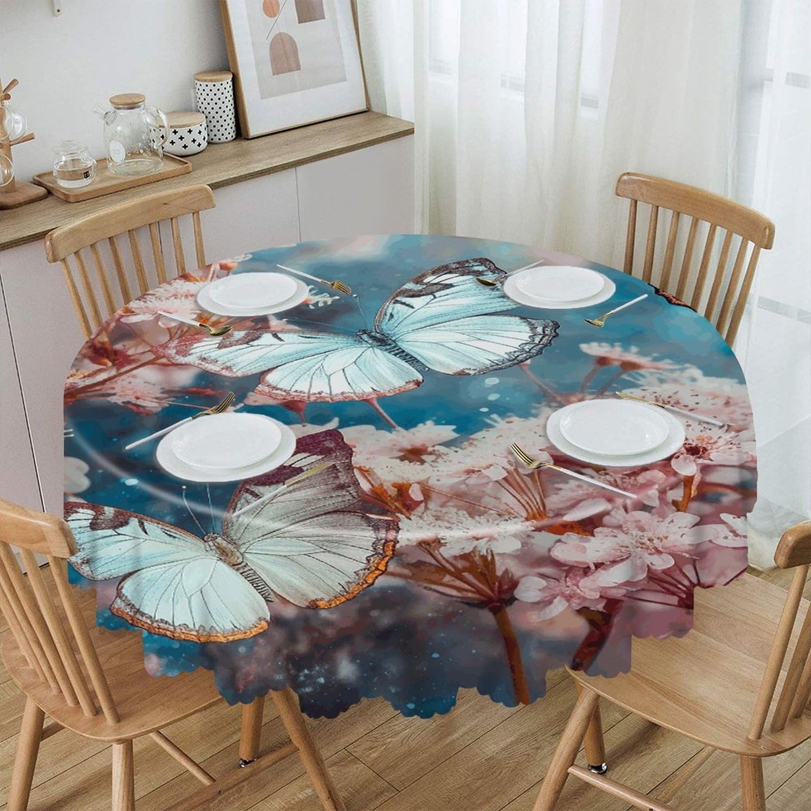 VstaDank A Group of Butterflies Flying Round Tablecloth 60 Inch Easy to Clean Circle Table Cover Thick Decorative Round Polyester Table Cloth for Dining Kitchen Party Farmhouse Outdoor