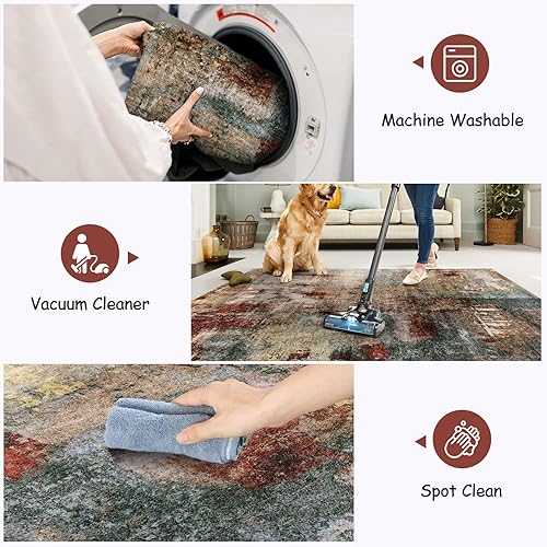 Miniatura 4 de Lahome - Tapete moderno abstracto, 8 x 10 pies, para sala, lavable, resistente a manchas, antideslizante, grande, rojo, suave, para comedor, mesa,