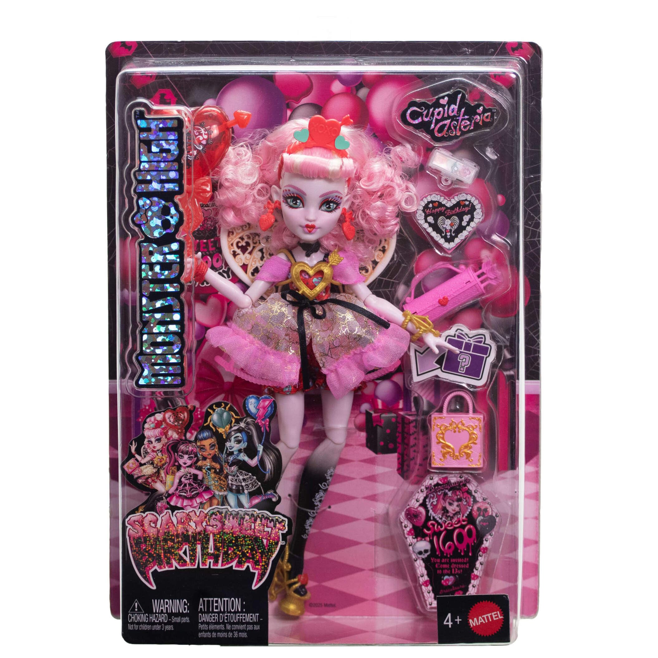 Monster High Cumplespantos Cupid Asteria Muñeca con vestido de fiesta rosa y rojo, y accesorios temáticos como una invitación, un globo, un regalo, un abanico y mucho más, JBG77