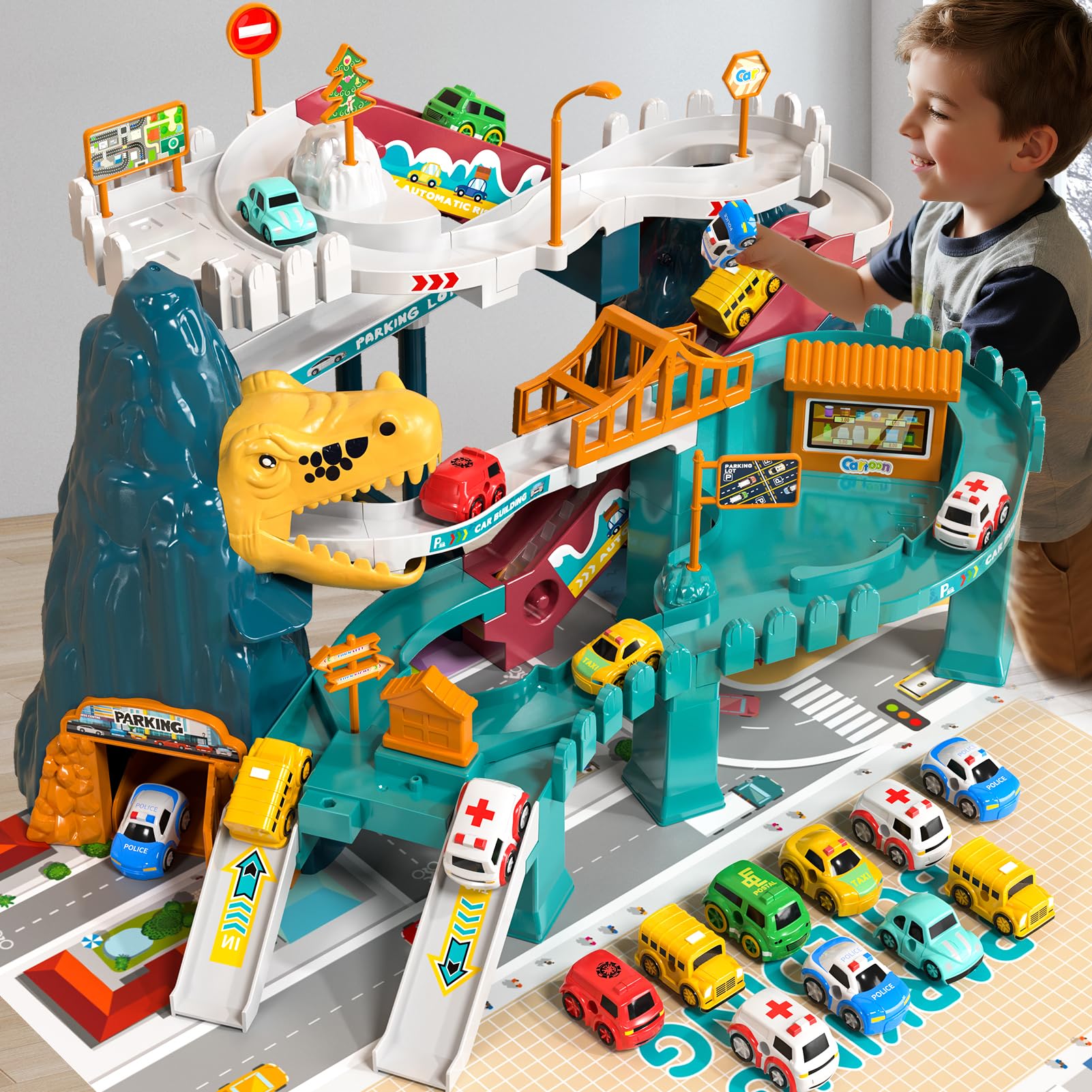 Dinosaur Race Track Car Toys for 3-7+ Years Old, Flexible Track Playset, Birthday Party Gift with 10 pcs Dinosaur Car
