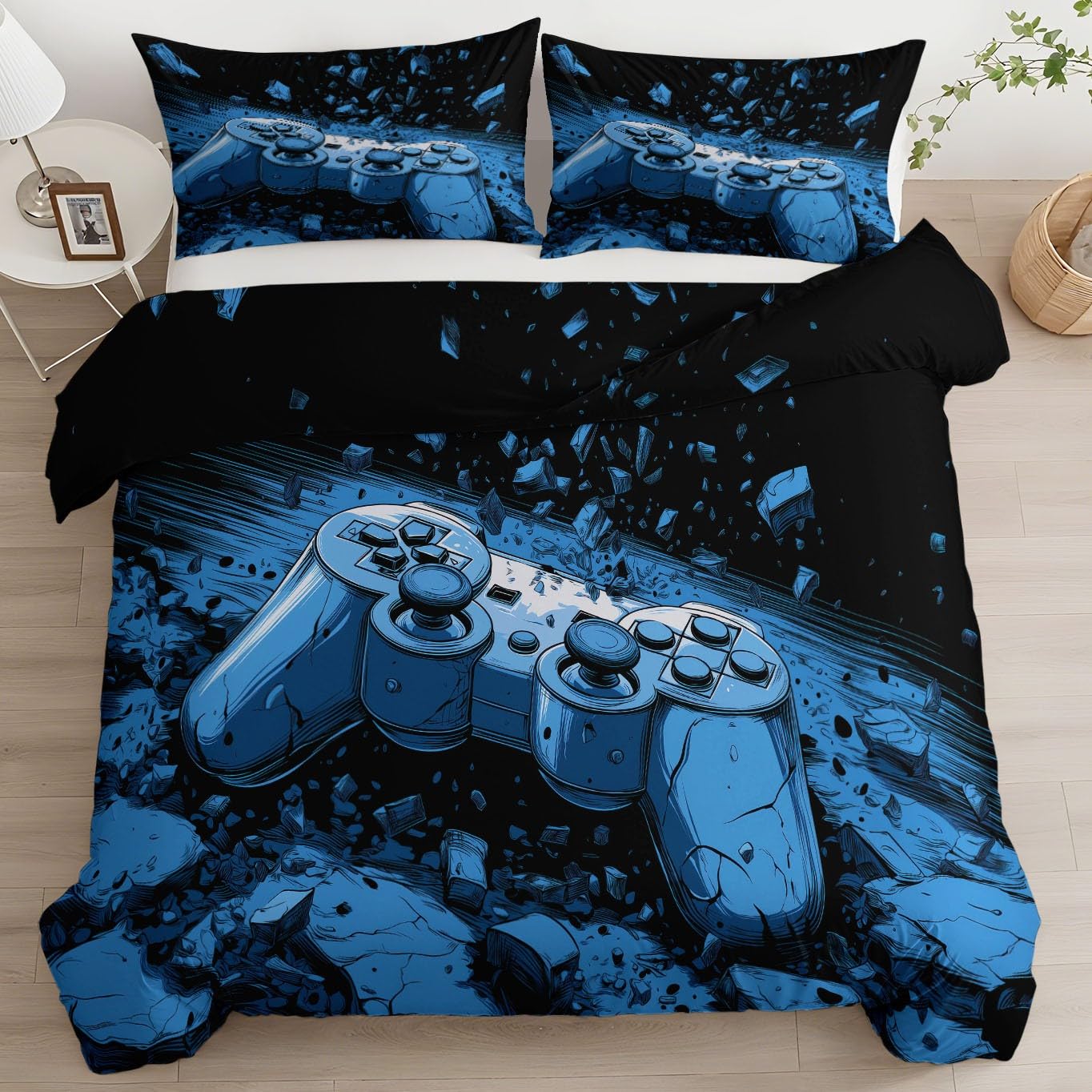 Bettwäsche 240 x 220 cm 3-teiliges Set, Aesthetic Wende Geometrie-Spiel Crack Bettwäsche Set, Atmungsaktiv, Maschinenwaschbar Blauschwarz Bettbezug mit Reißverschluss