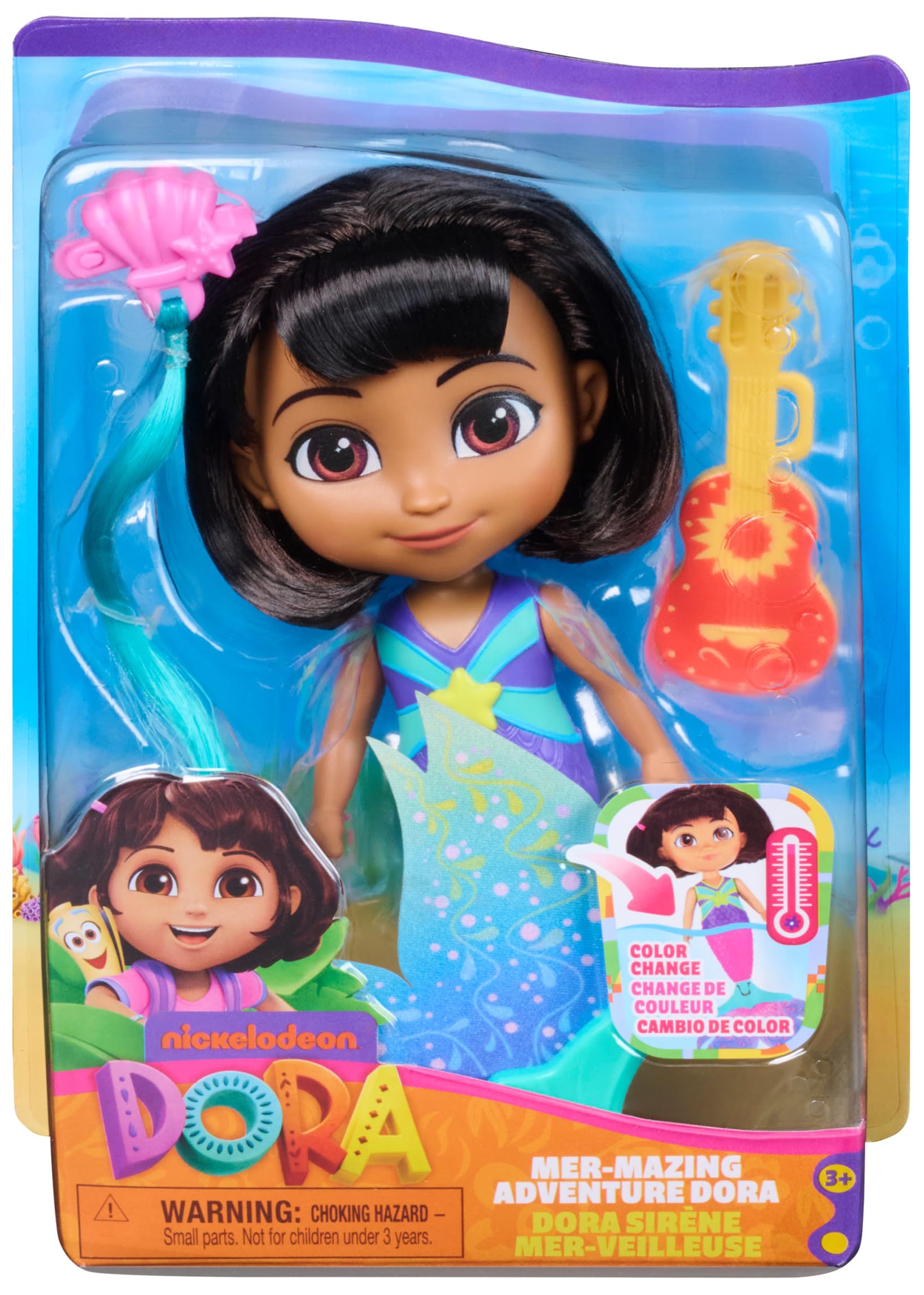 Dora, Maravillosa Dora aventurera, muñeca de Sirena Que Cambia de Color con 2 Accesorios, Juguetes para niños y niñas a Partir de 3 años