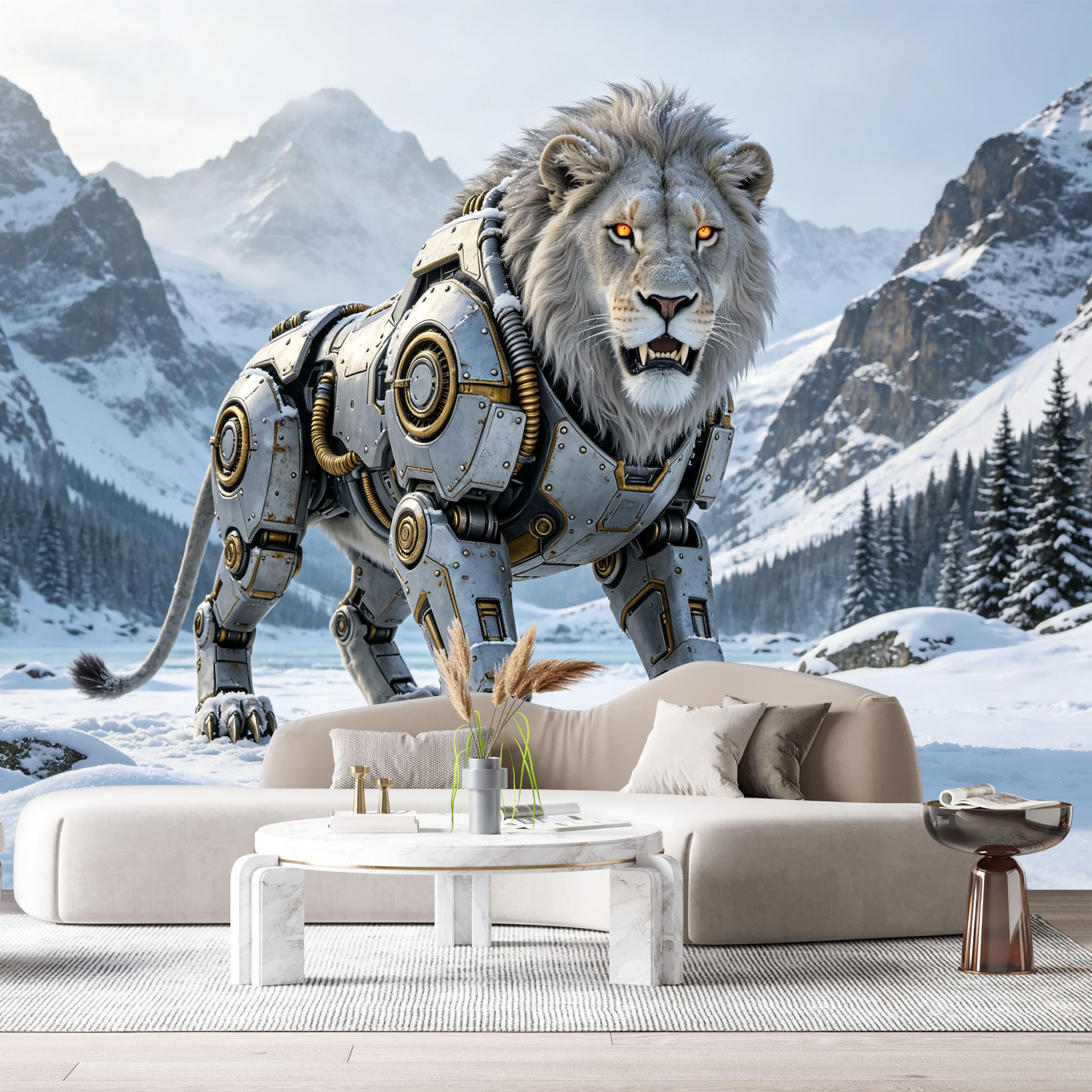 Custom Size Wall Mural Mechanical Lion Mech SciFi Armor Cyber Beast Futuristic Metal Animal 3D Realistic Style SelfAdhesive Art Prints Removable Large Wallpaper Esports Room Game Room Studio