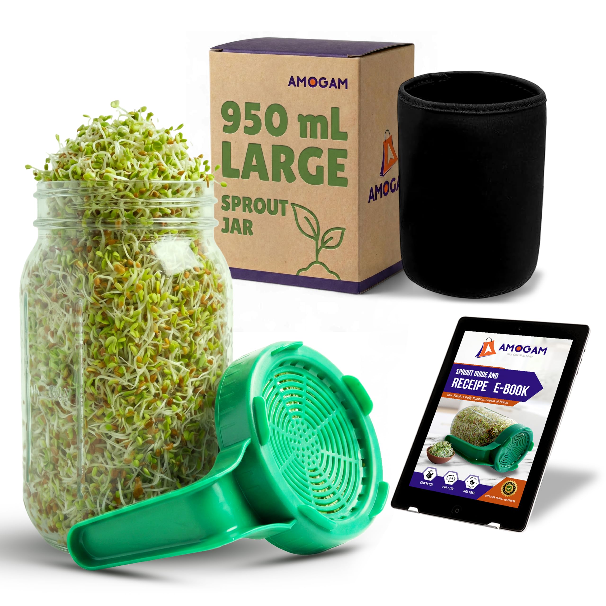 Sprouts Maker Jar – 950ml LARGE Glass Sprout Jar for Home Use | BPA-Free, Easy to Clean & Reusable | Includes Free Sprouting Guide eBook | Perfect for Mung Beans, Microgreens-image-44