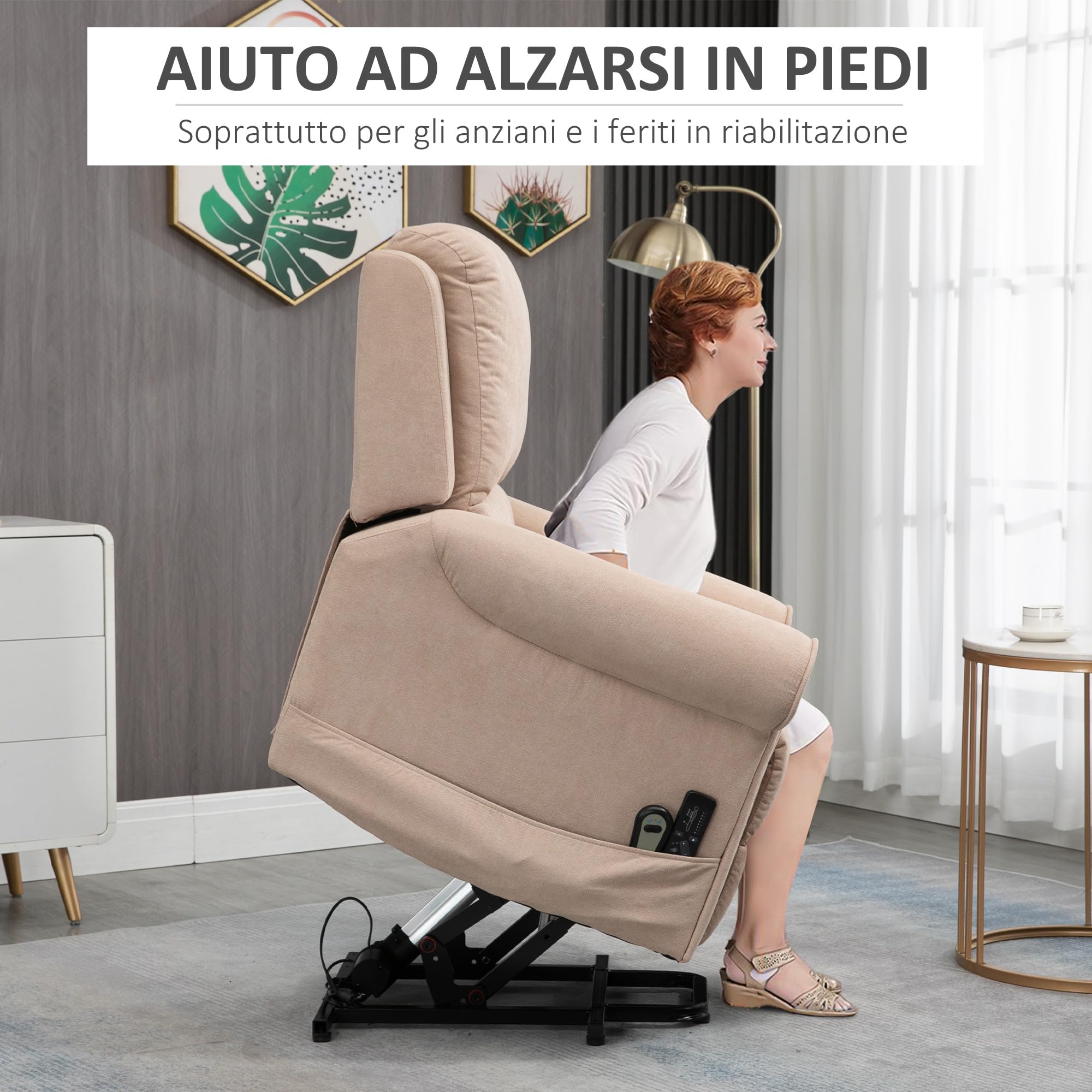 HOMCOM Poltrona Elettrica Alzapersona con 8 Punti Massaggio, Reclinabile 135°, Poltrona Relax Elettrica in Velluto per Anziani e Disabili con Telecomando, Poggiapiedi, Tasche Laterali, Marrone Chiaro