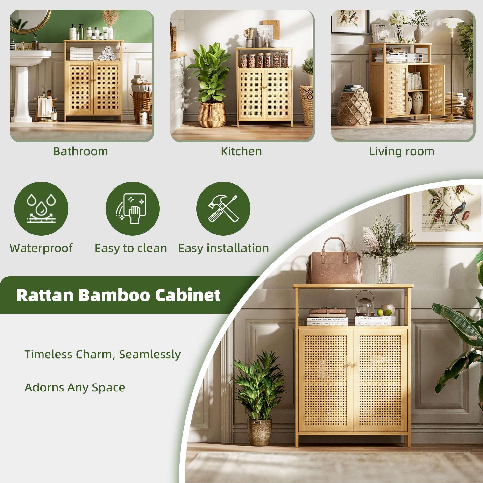 Armario de Baño con Soporte de Suelo, Mesa Organizadora de Almacenamiento de Bambú con 2 Puertas de Ratán y 1 Estante, Armario Lateral de Madera para Pasillo, Cocina, Sala de Estar (Natural)