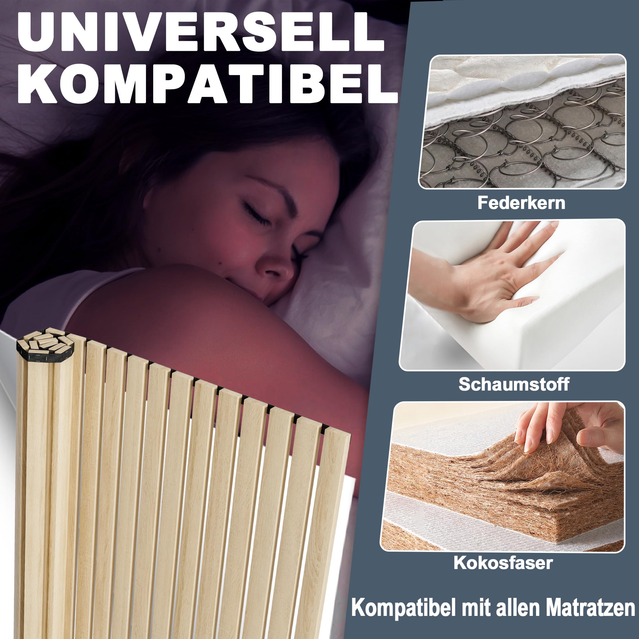 UISEBRT Somier enrollable de madera de abeto, 23 listones, 140 x 200 cm, listones de madera con goma negra, apto para todo tipo de colchones, capacidad de carga de hasta 300 kg