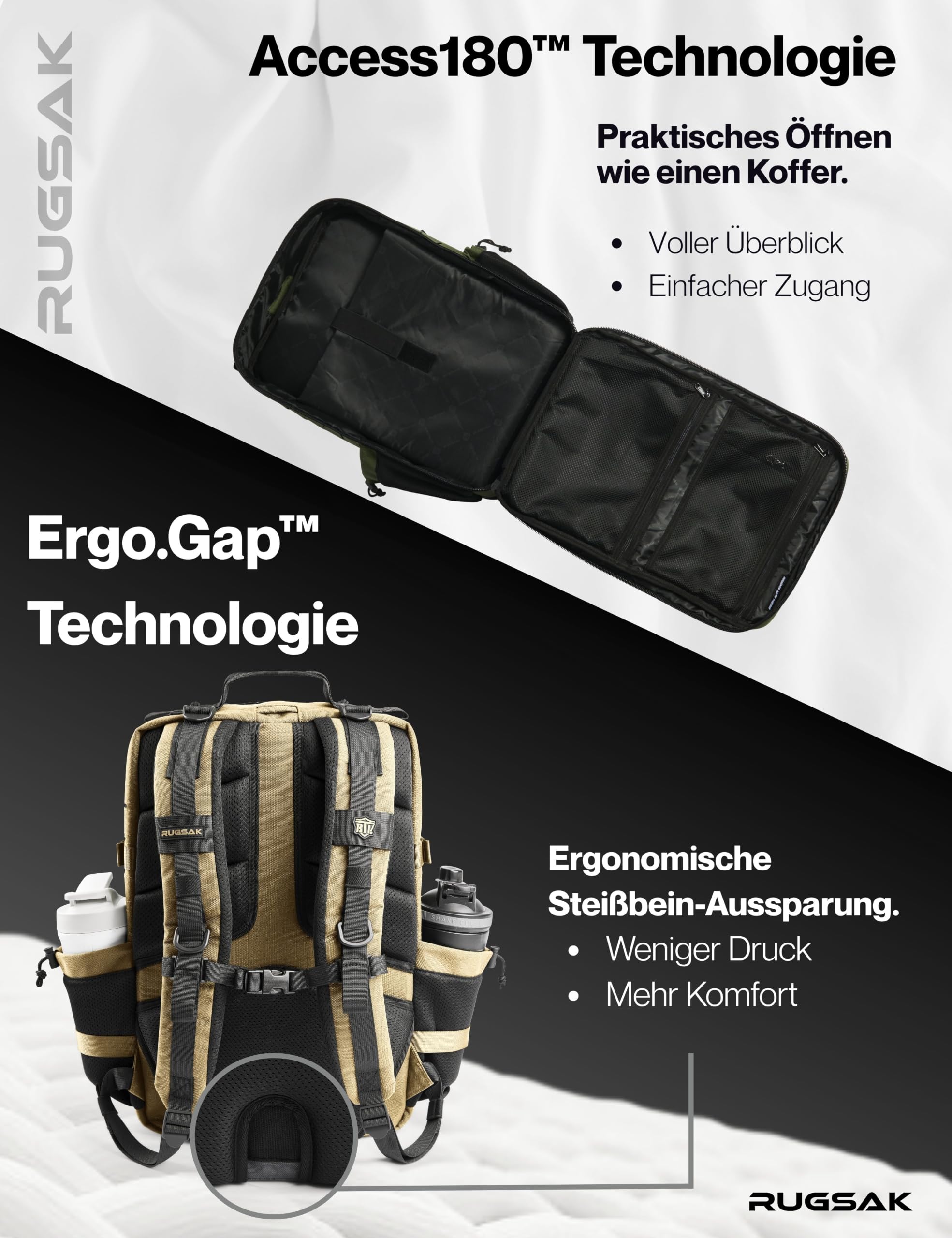 RUGSAK ALPHA | Taktischer Rucksack [20-45L] Wasserdicht & EXTREM Robust | Militär Survival Backpack | für Outdoor Arbeit Wandern Camping und Gym | Molle Reiserucksack Herren & Damen (Desert Sand)