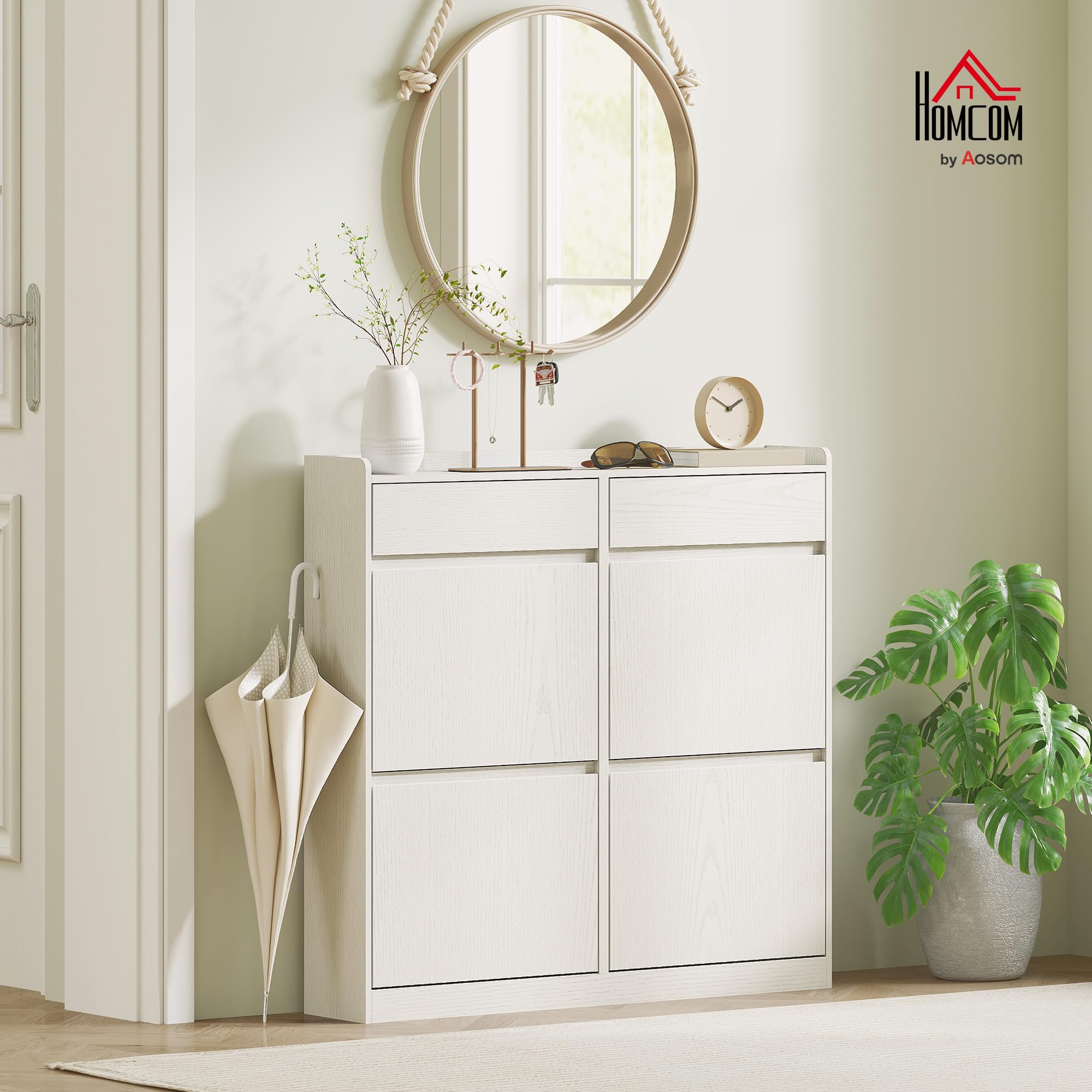 HOMCOM Scarpiera Salvaspazio Slim Porta Scarpe 98x19.2x95.3 cm Bianco | 4 Ante a Ribalta, Scarpiera Ingresso, 2 Cassetti Scorrevoli in Legno, per 8 Paia