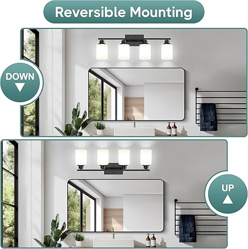 Miniatura 8 de Ascher Lámparas de baño, lámpara de tocador de 4 luces sobre espejo, apliques de pared negro mate con pantallas de vidrio esmerilado blanco lechoso,