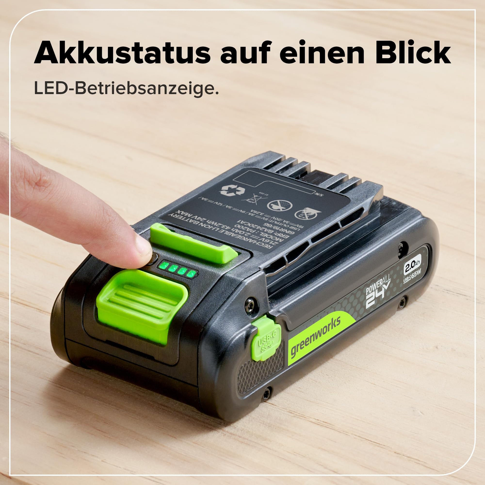 Greenworks TwinPack 24V 2Ah Akku High Power USB-C (Li-Ion 24V 2,0 Ah wiederaufladbarer leistungsstarker Akku passend für alle 200+ Greenworks 24V Geräte), 2 Jahre Garantie - K2D4NNA