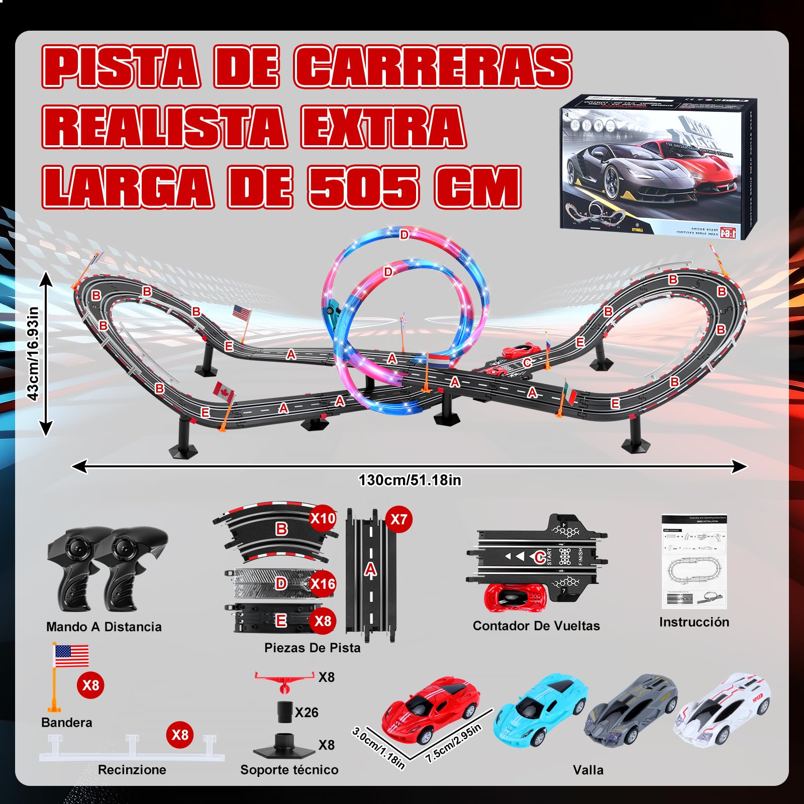 Pista Carreras Electrica, Iluminado Pista de Coches para Niños 1:64 Pista Autos -4 LED Coches, Bucle 360°, Euroconector, Contador Vueltas, Circuito Coche Niños 3+ Años Juguete Regalos (L)