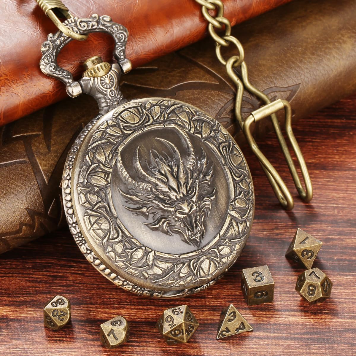 Mini DND Dice Set including Dragon Heads Pocket Watch Shell Case, D&D Starter Set, 7pcs Polyhedral Mini Metal Dice Set - Image 2